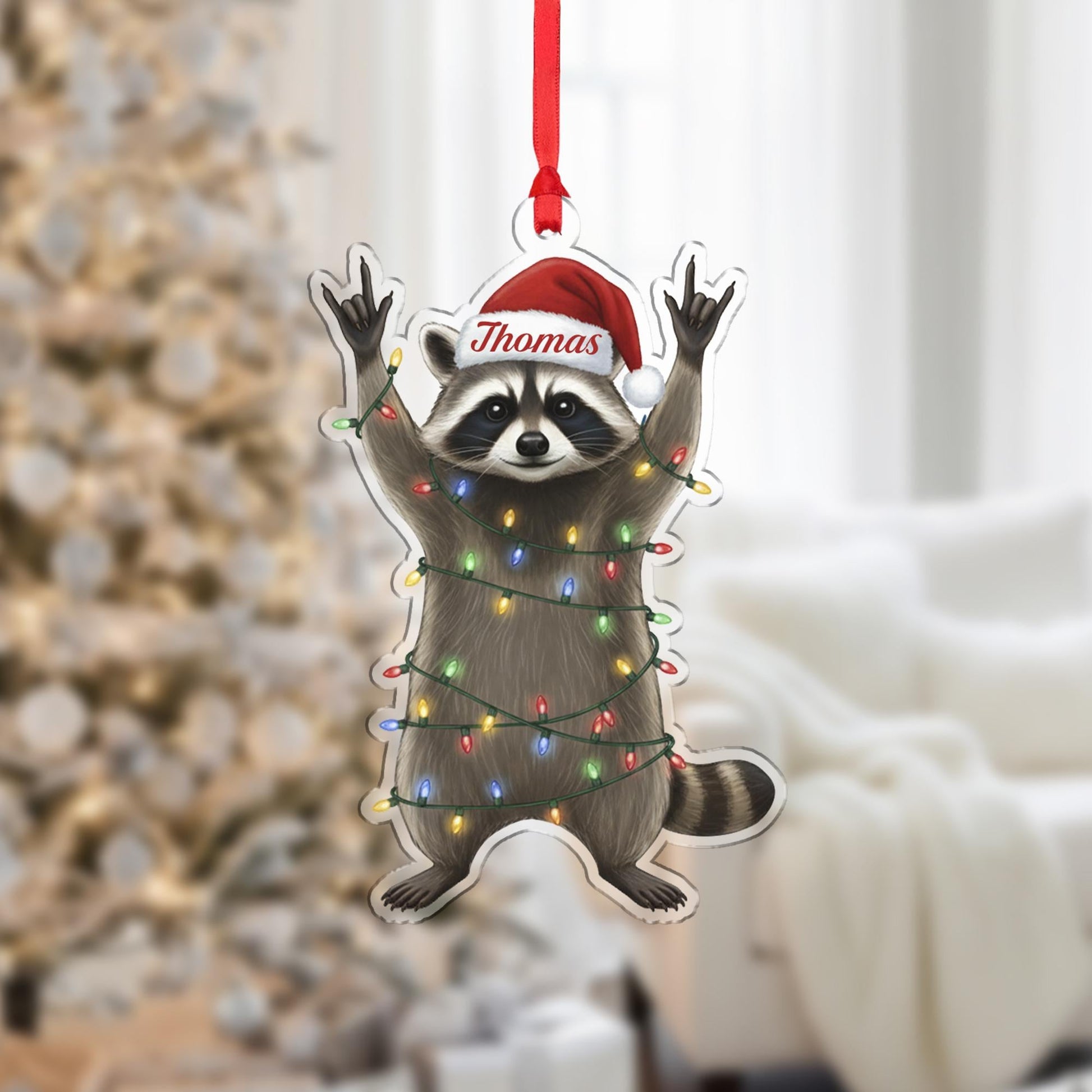 Personalized Raccoon Ornament: Custom Name Christmas Tree Decoration with Santa Hat and Lights