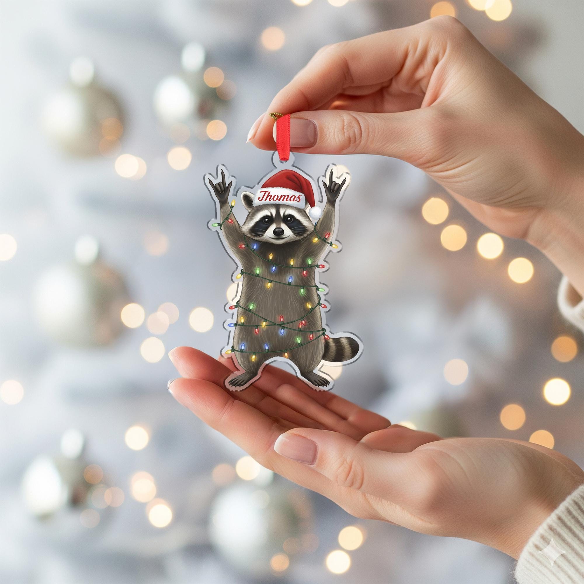 Personalized Raccoon Ornament: Custom Name Christmas Tree Decoration with Santa Hat and Lights