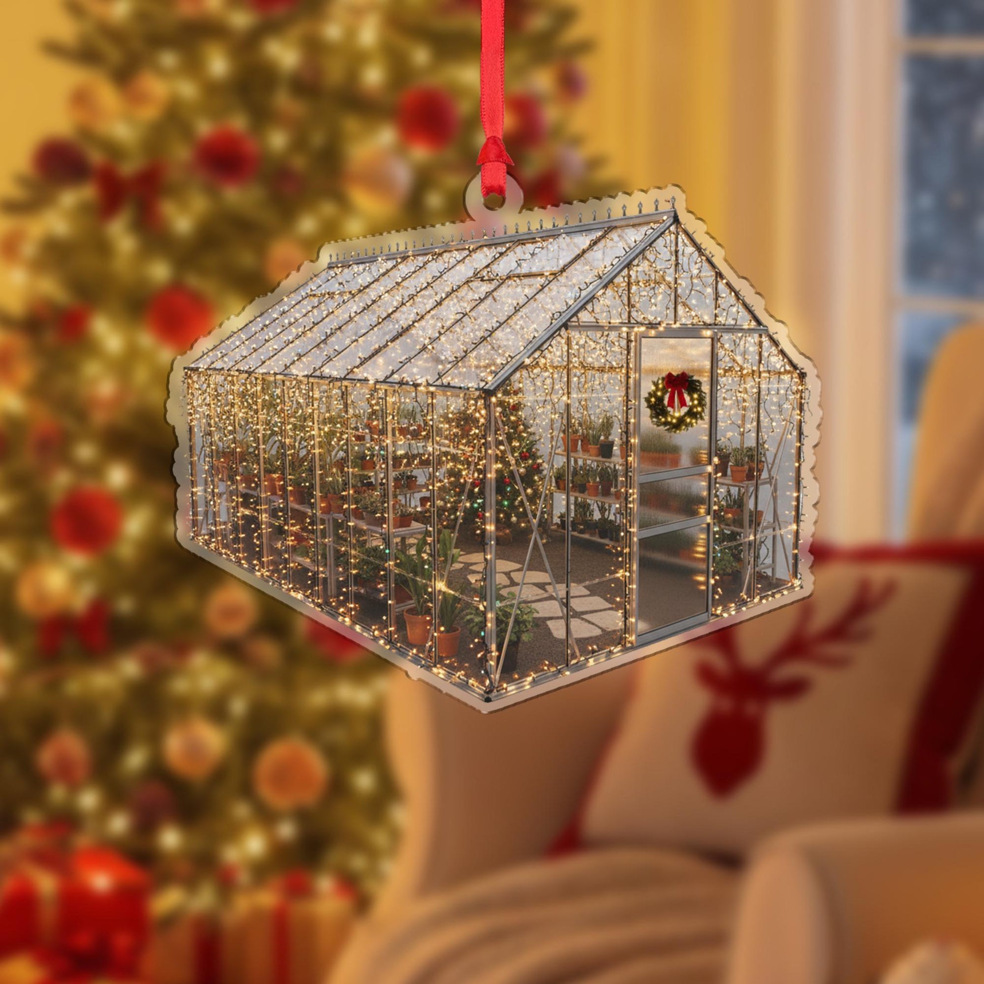 Greenhouse Christmas Ornament – Acrylic Hanging Decoration with Holiday Lights and Plants Design