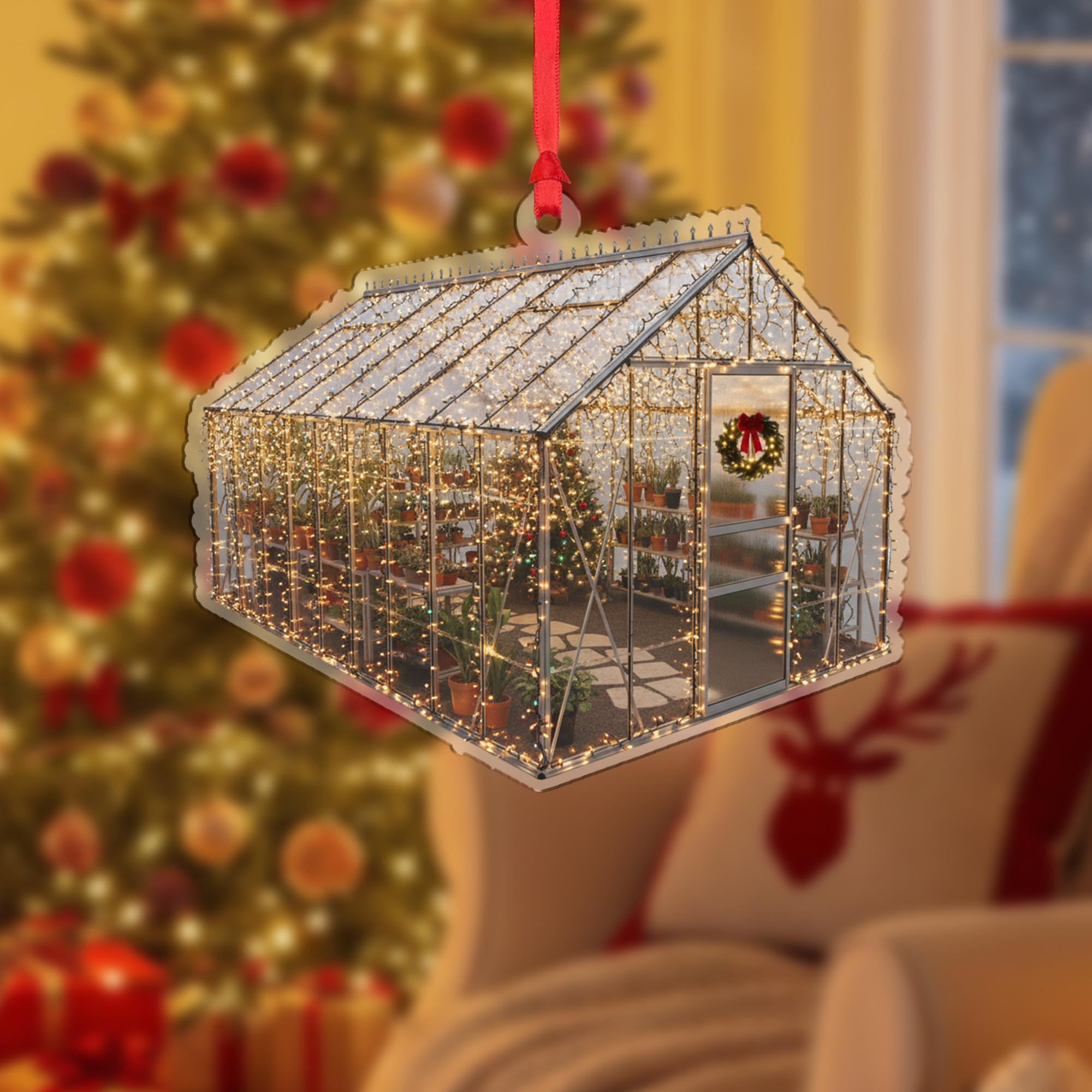 Greenhouse Christmas Ornament – Acrylic Hanging Decoration with Holiday Lights and Plants Design