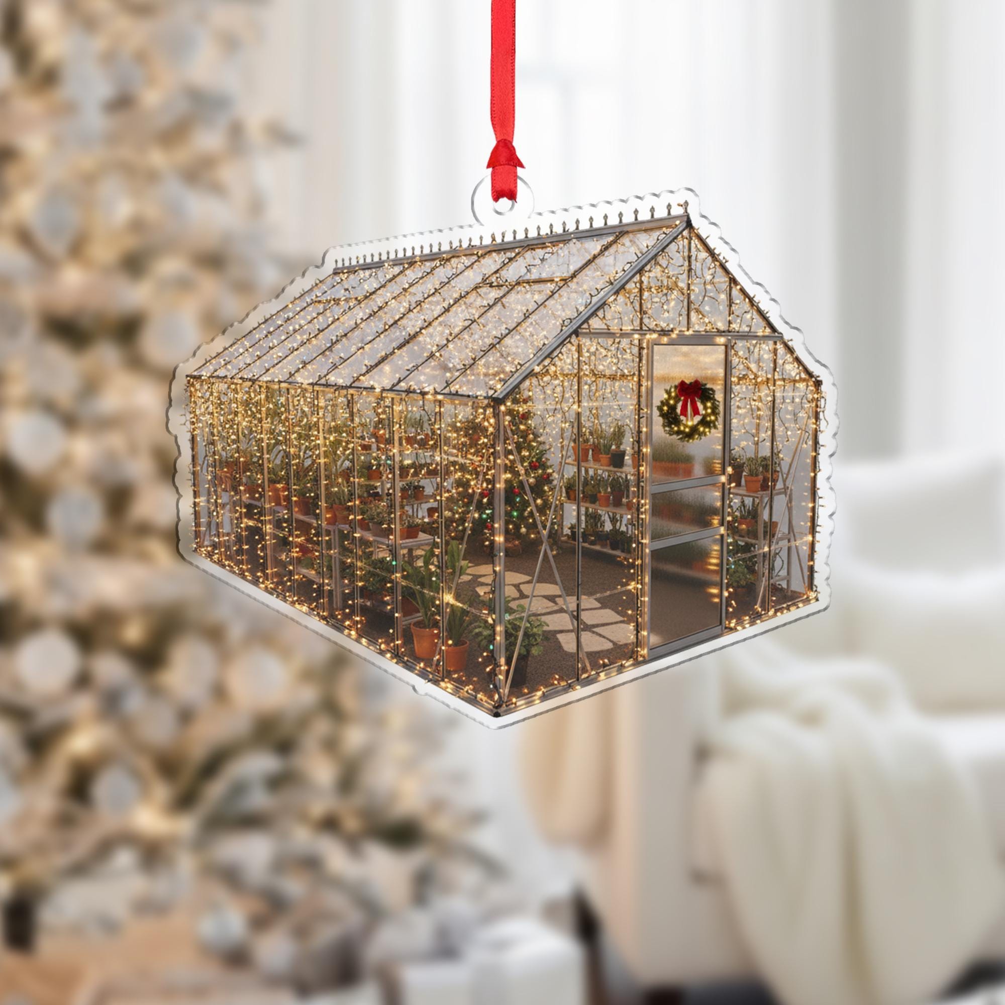 Greenhouse Christmas Ornament – Acrylic Hanging Decoration with Holiday Lights and Plants Design