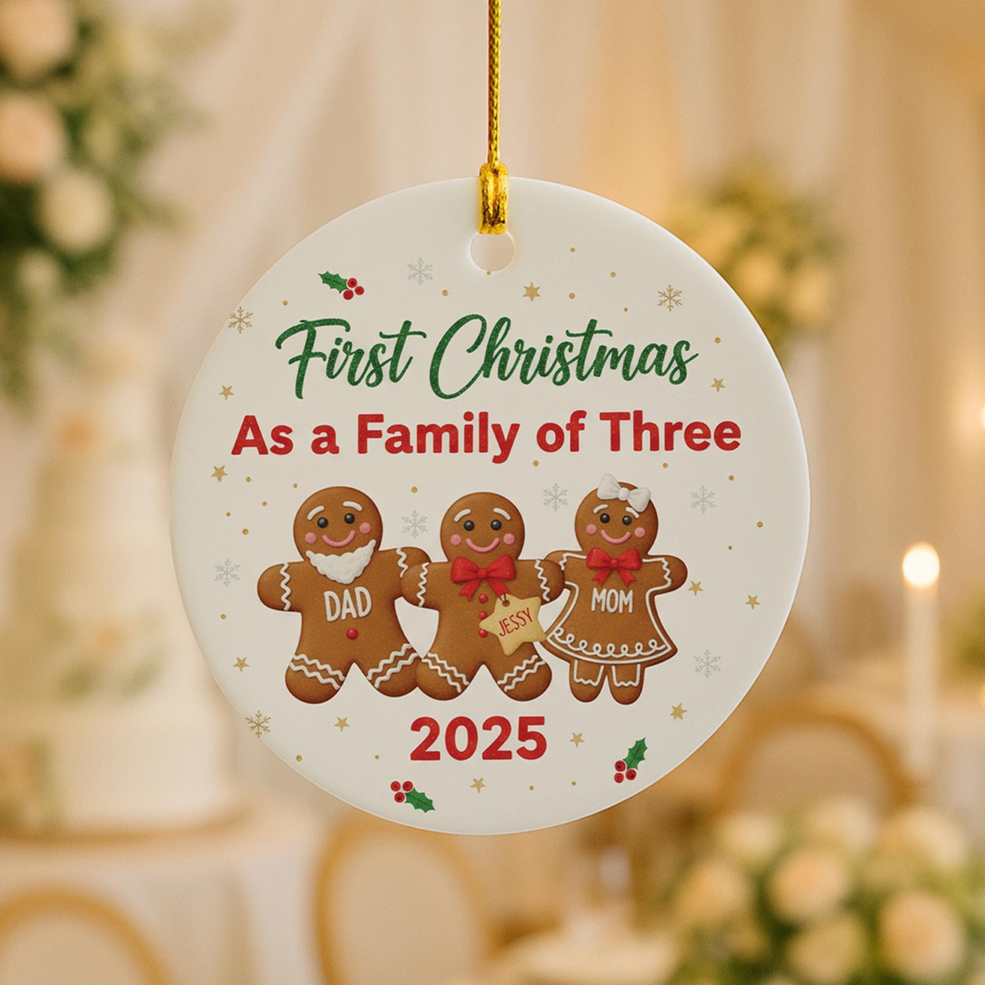 First Christmas Ornament: Family of Three Gingerbread Design, Personalized Holiday Decoration