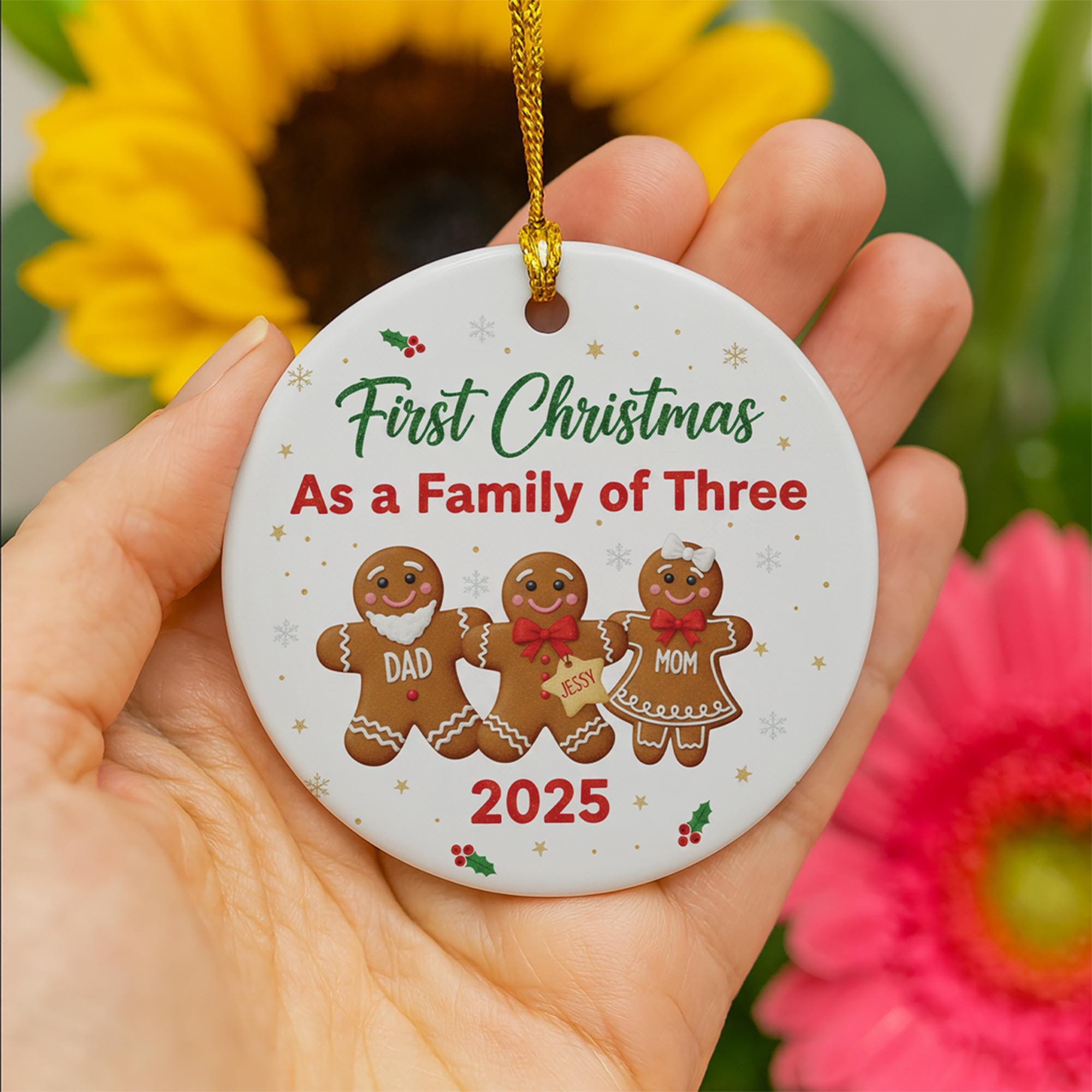 First Christmas Ornament: Family of Three Gingerbread Design, Personalized Holiday Decoration