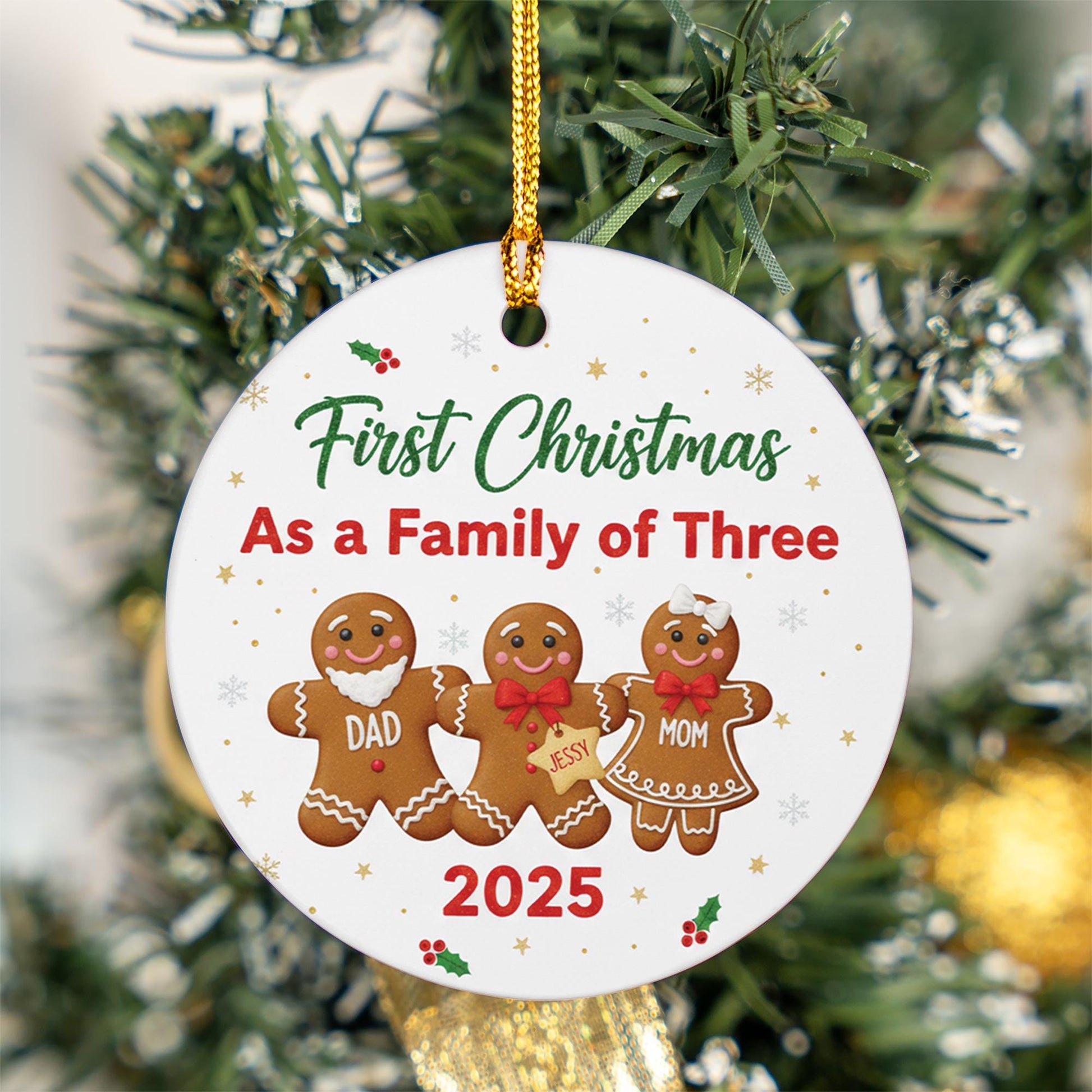 First Christmas Ornament: Family of Three Gingerbread Design, Personalized Holiday Decoration