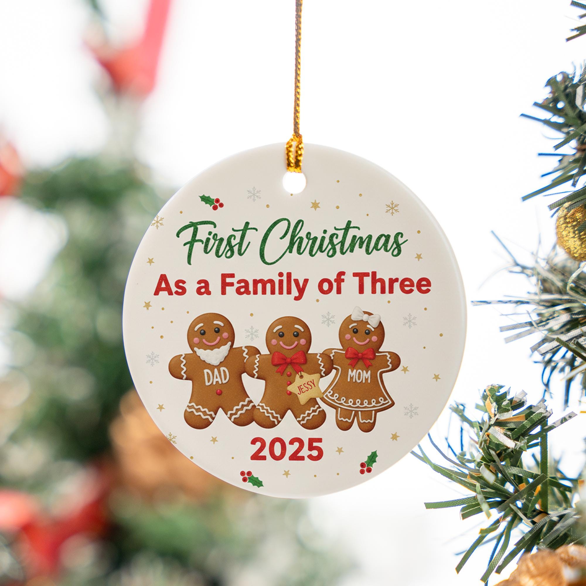 First Christmas Ornament: Family of Three Gingerbread Design, Personalized Holiday Decoration