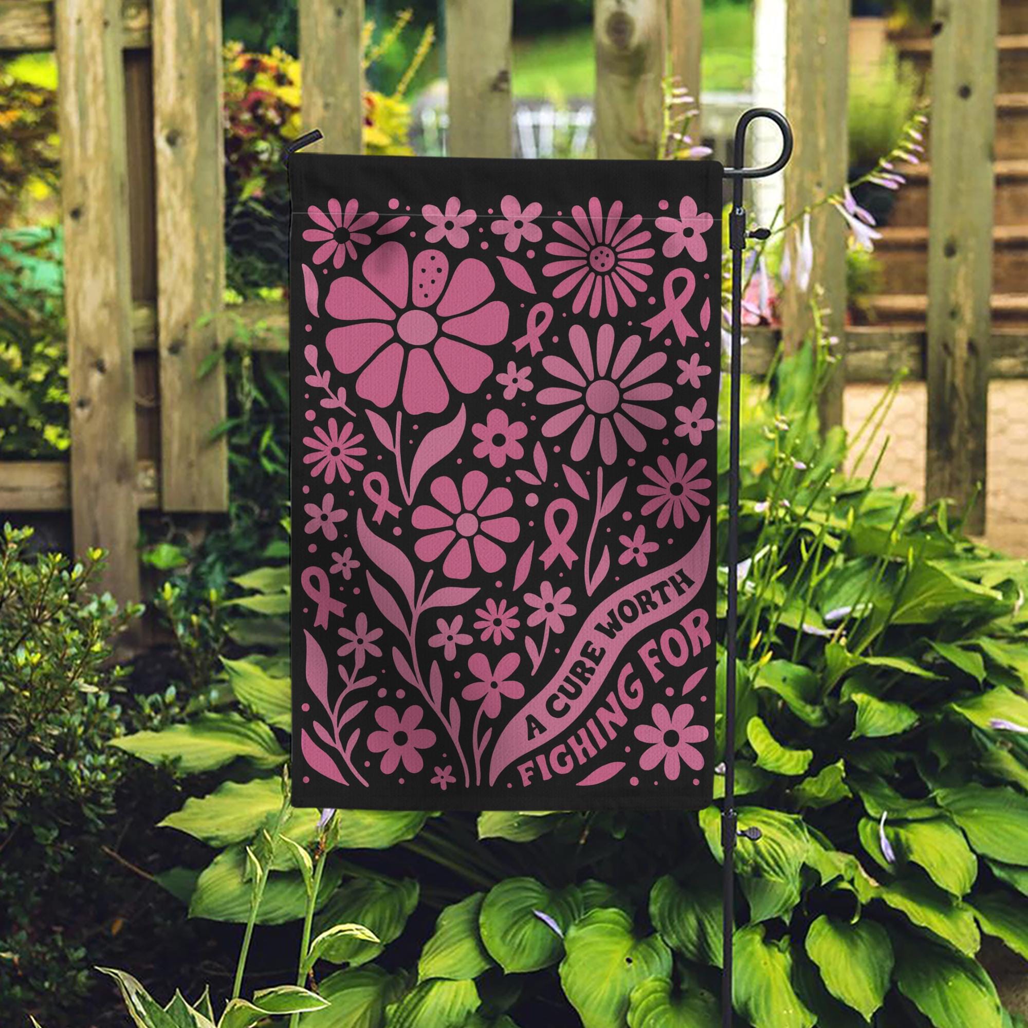 Breast Cancer Garden Flag – Pink Ribbon Floral Outdoor Yard Awareness Support Decor