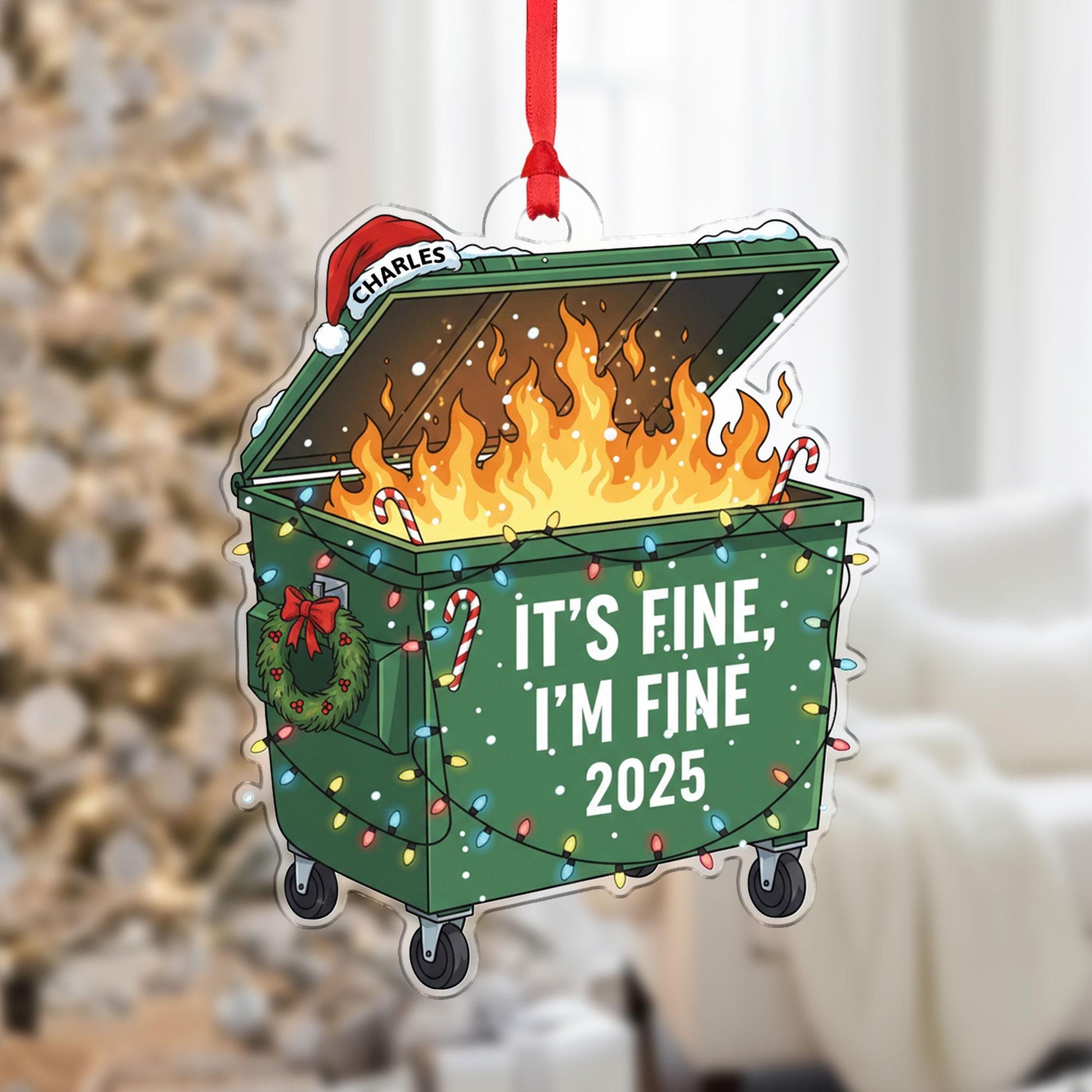 Funny Dumpster Fire Ornament 2025 – Personalized Christmas Tree Decoration