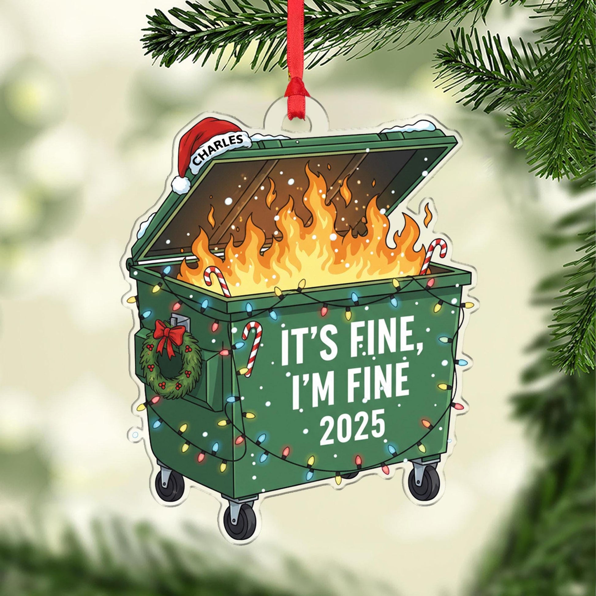 Funny Dumpster Fire Ornament 2025 – Personalized Christmas Tree Decoration