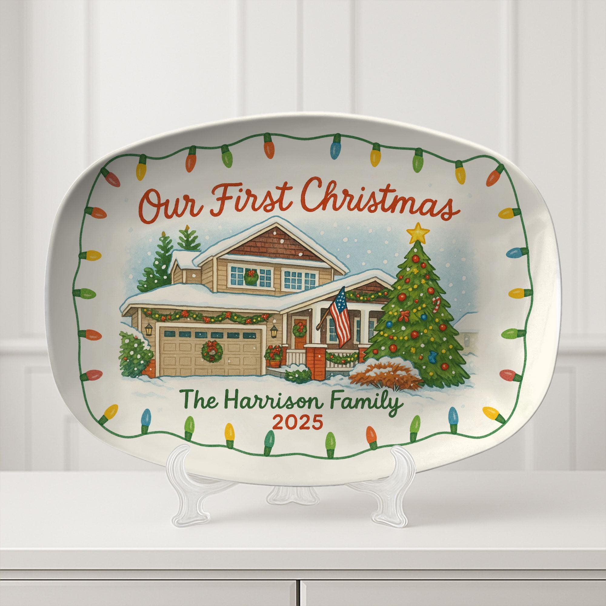 Our First Christmas Platter – Personalized House Image, Family Name & Year Holiday Serving Dish