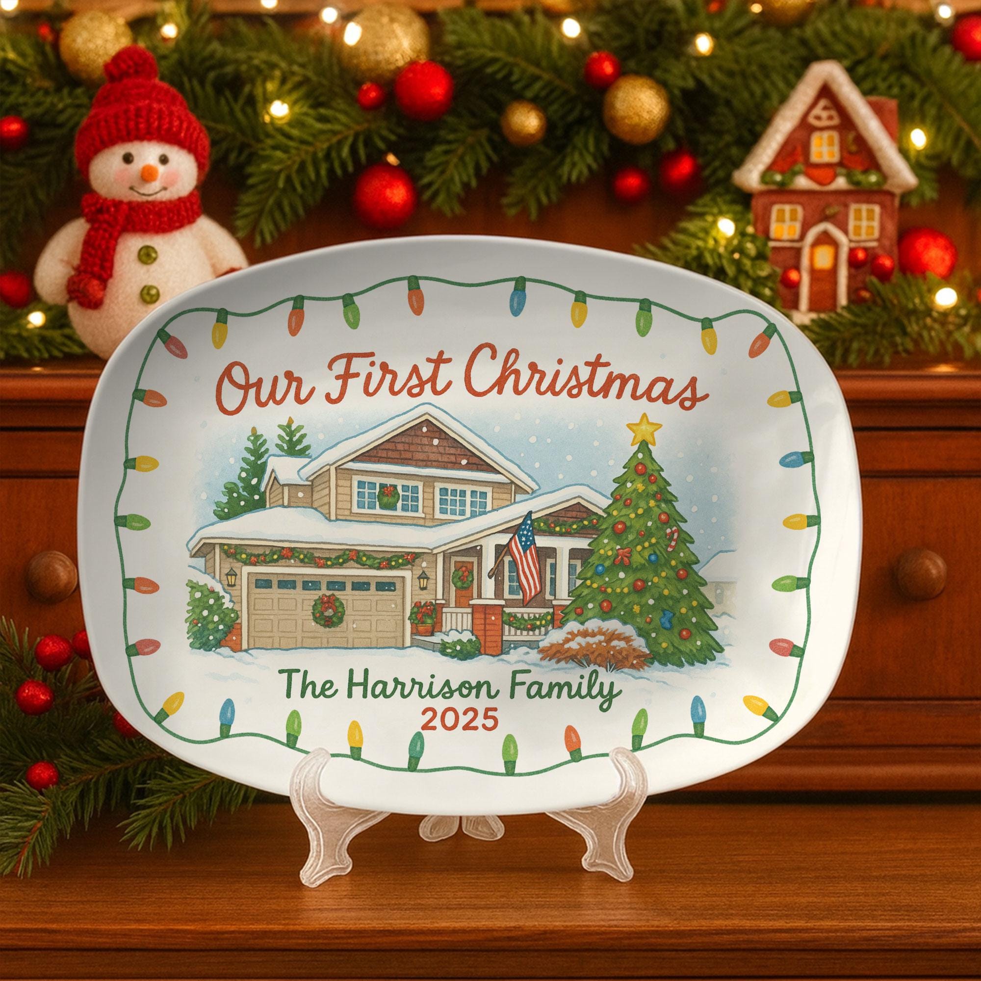 Our First Christmas Platter – Personalized House Image, Family Name & Year Holiday Serving Dish