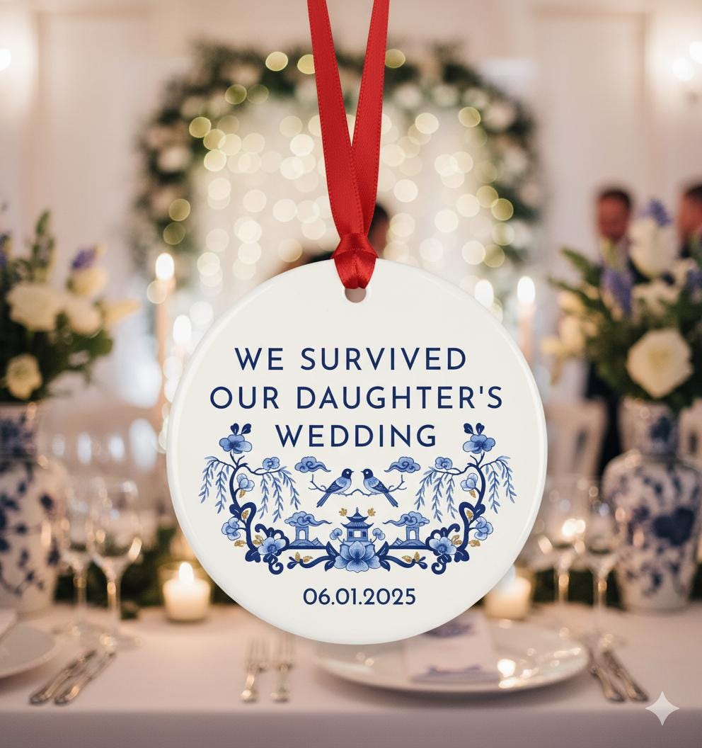 Funny Wedding Parent Ornament – We Survived Our Daughter’s Wedding 2025 Keepsake