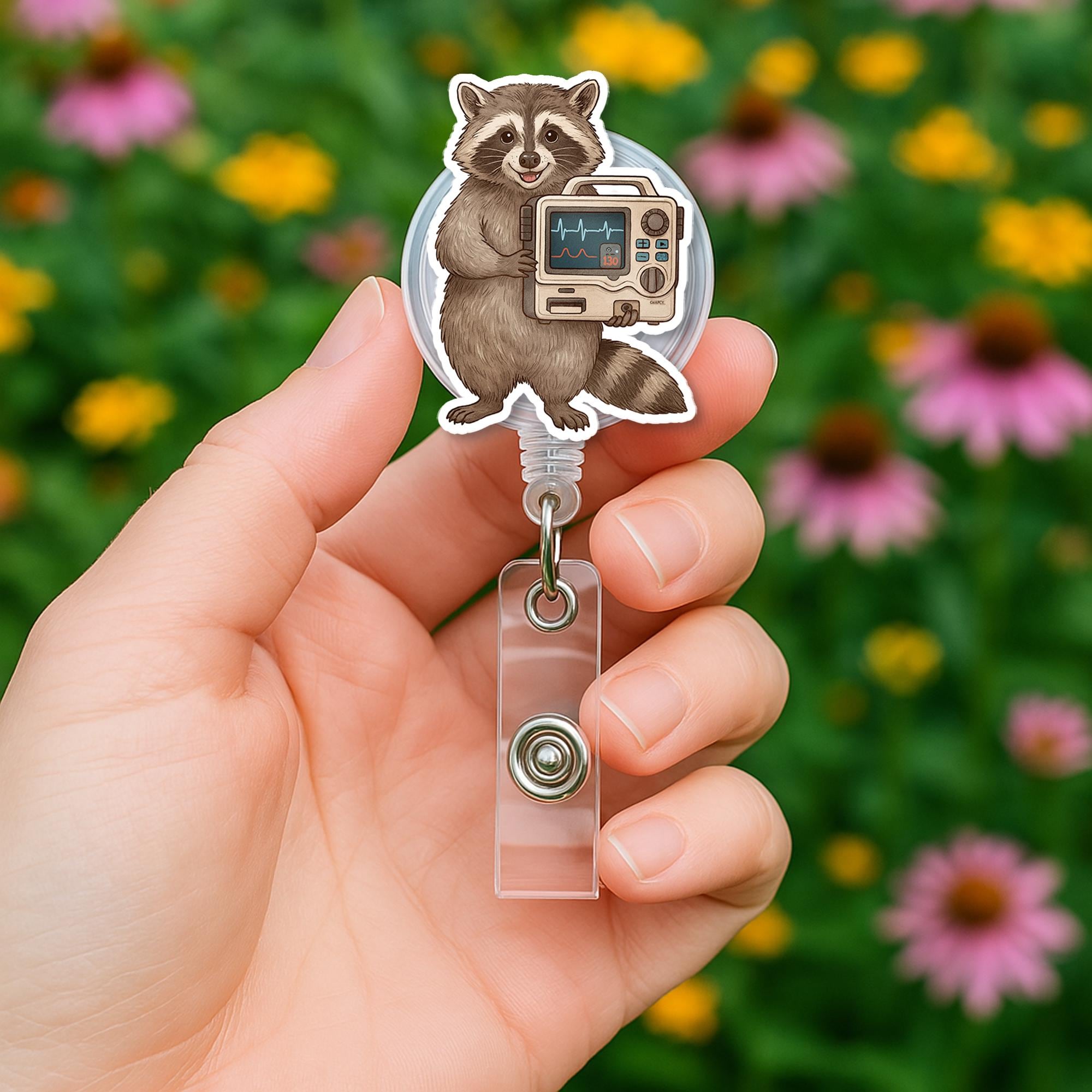 Defibrillator Raccoon Badge Reel – Cute ICU Nurse Gift, Cardiac RN Badge Holder, Medical ID Clip