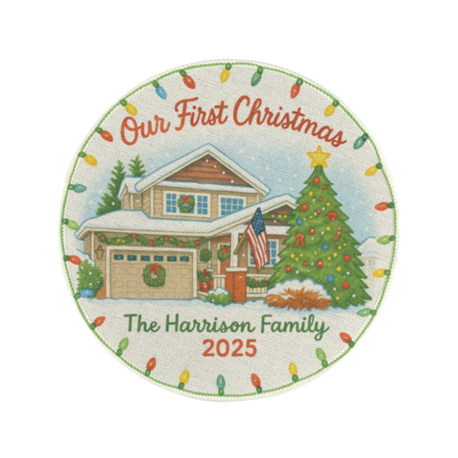 Our First Christmas Round Placemat – Personalized House Family Name & Year Holiday Table Decor
