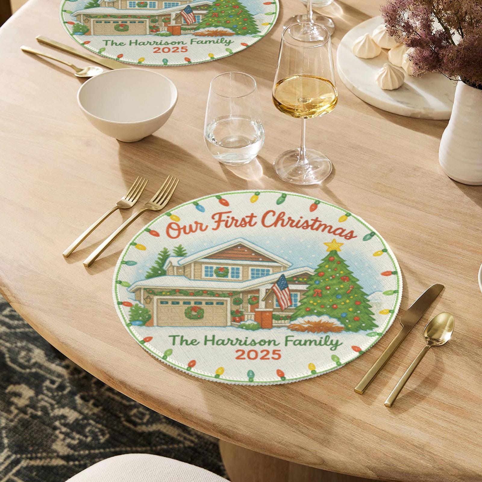 Our First Christmas Round Placemat – Personalized House Family Name & Year Holiday Table Decor