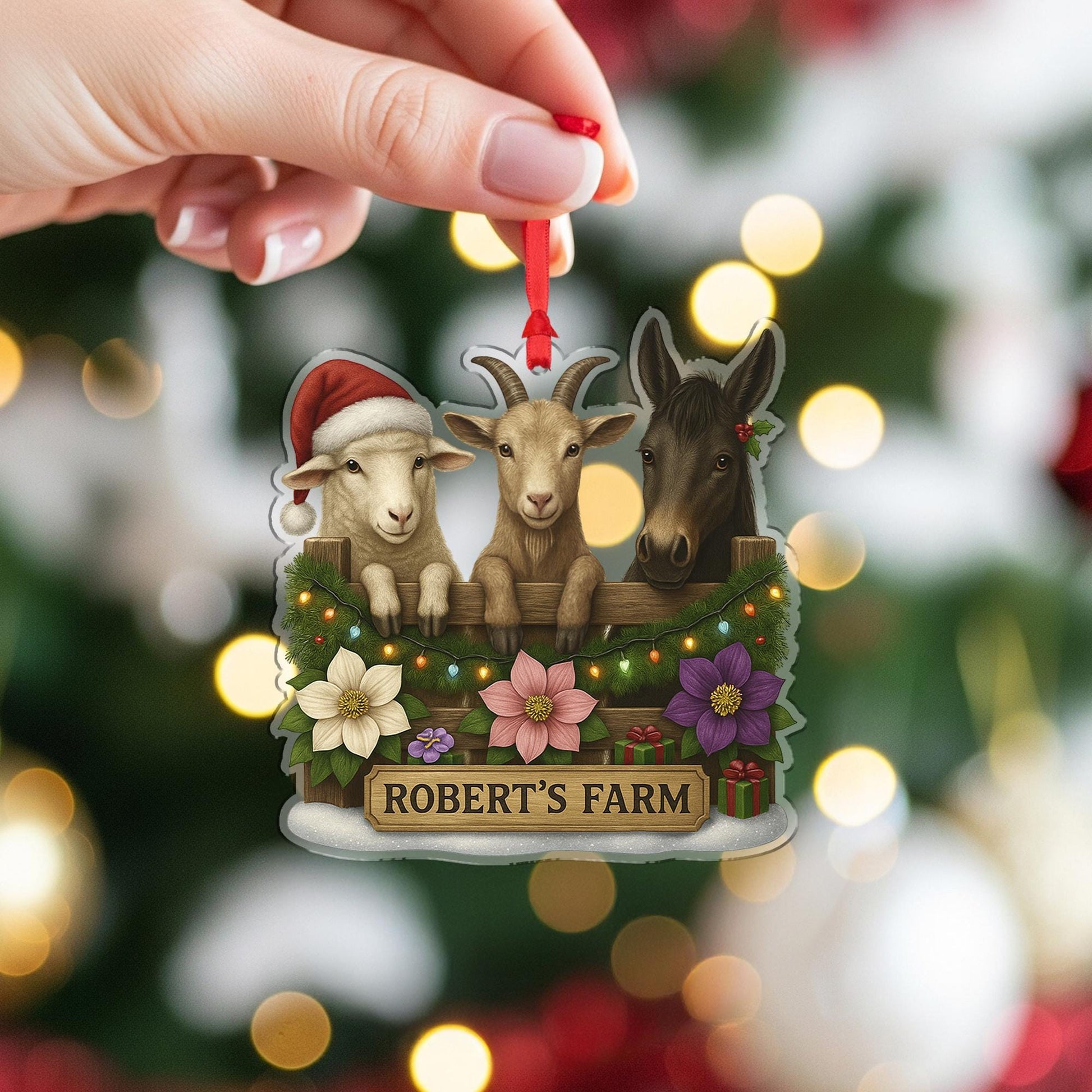 Personalized Farm Animal Christmas Ornament – Acrylic Hanging Decoration with Goat Sheep Donkey Design