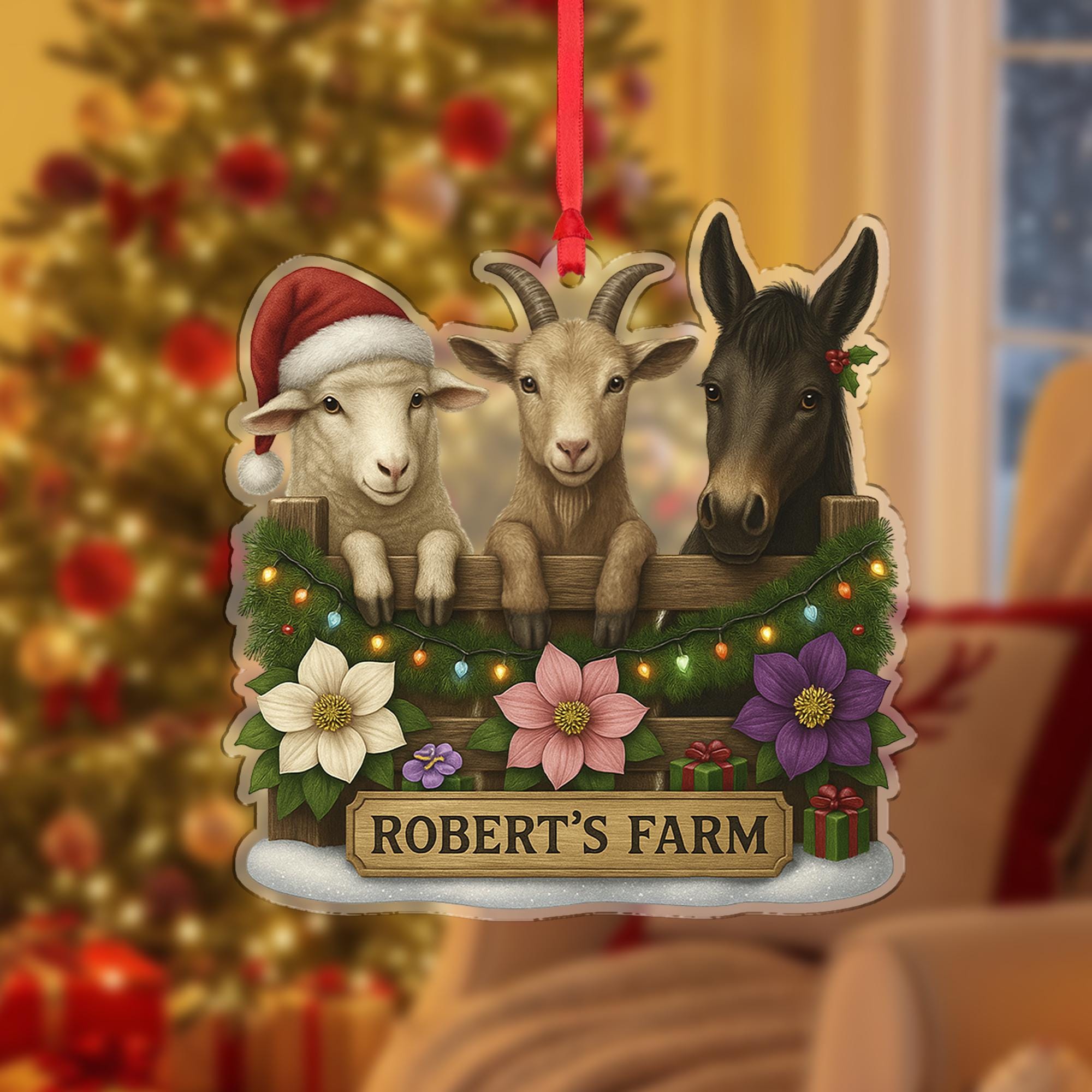 Personalized Farm Animal Christmas Ornament – Acrylic Hanging Decoration with Goat Sheep Donkey Design