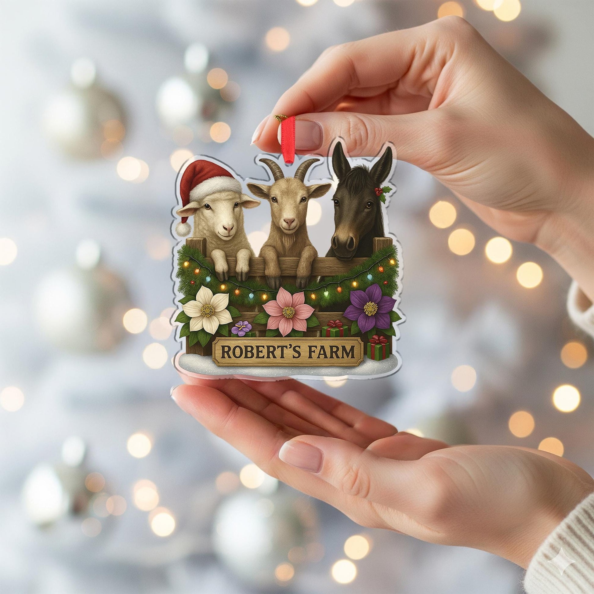 Personalized Farm Animal Christmas Ornament – Acrylic Hanging Decoration with Goat Sheep Donkey Design