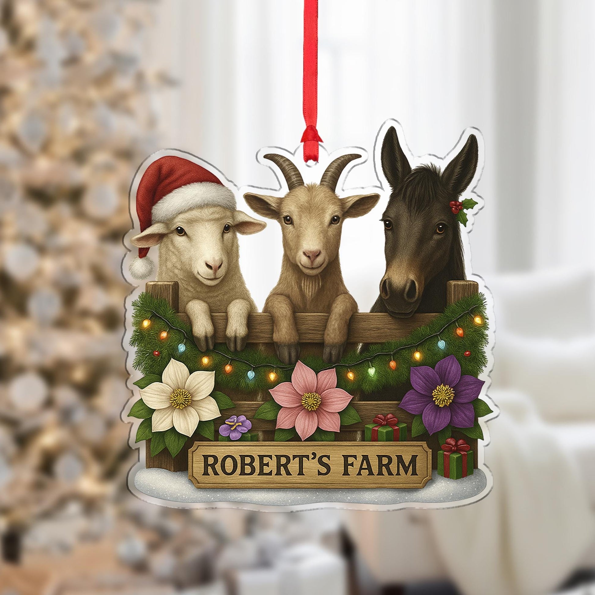 Personalized Farm Animal Christmas Ornament – Acrylic Hanging Decoration with Goat Sheep Donkey Design