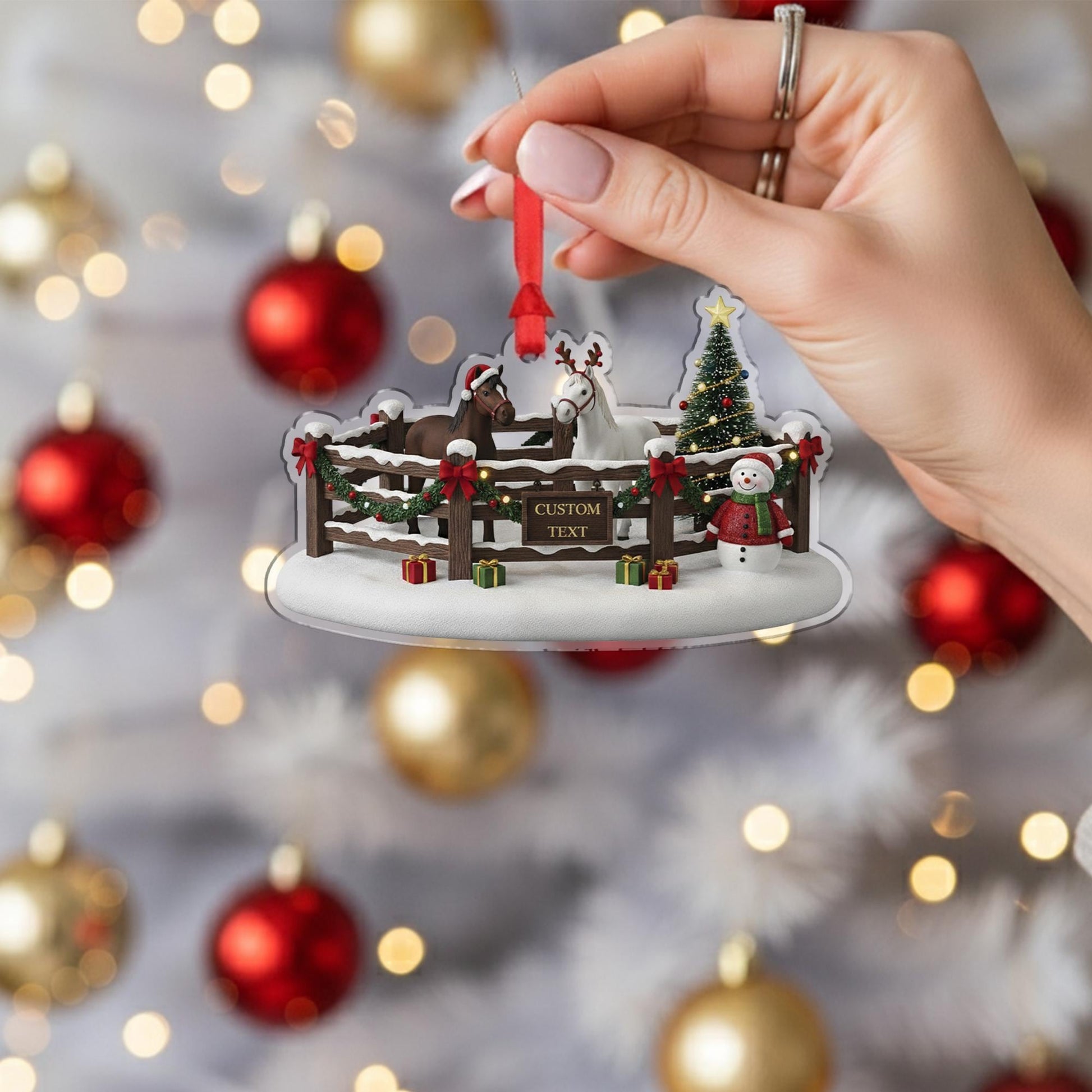 Personalized Horse Farm Christmas Ornament – Acrylic Hanging Decoration with Fence Snowman Tree Design