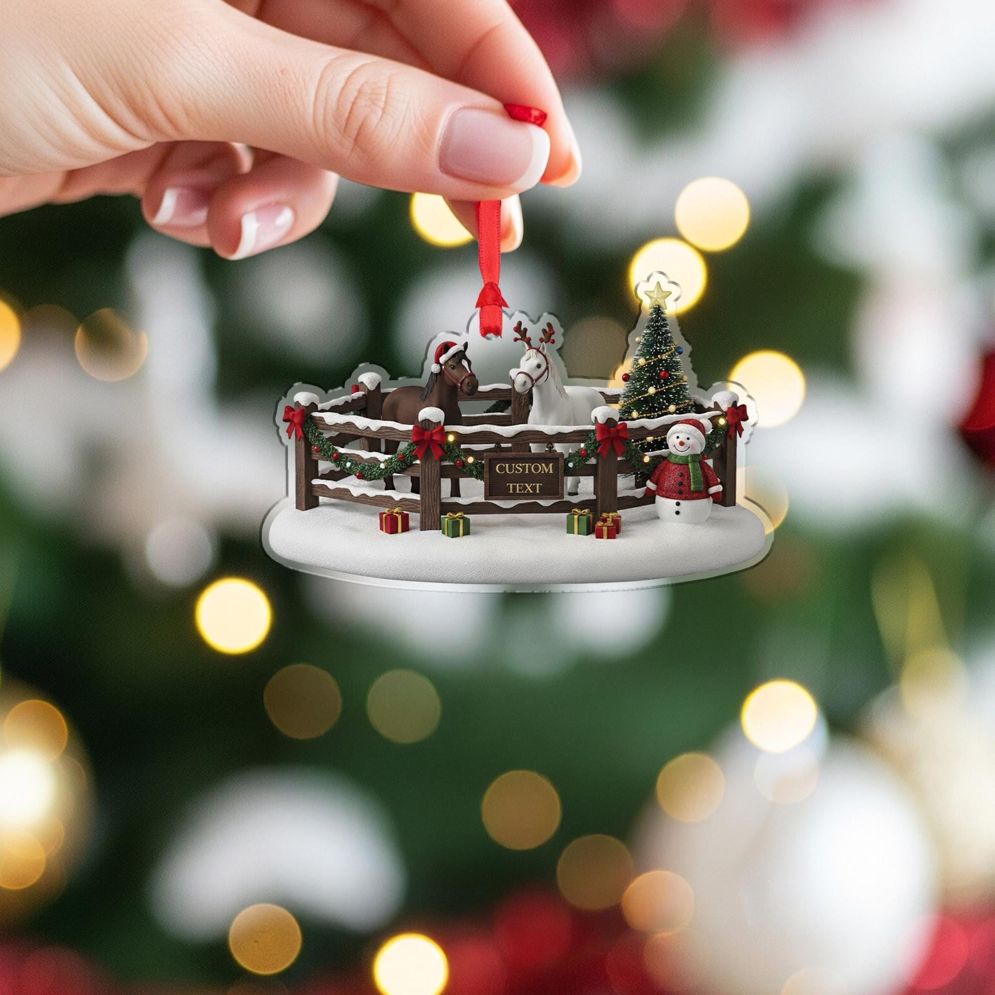 Personalized Horse Farm Christmas Ornament – Acrylic Hanging Decoration with Fence Snowman Tree Design