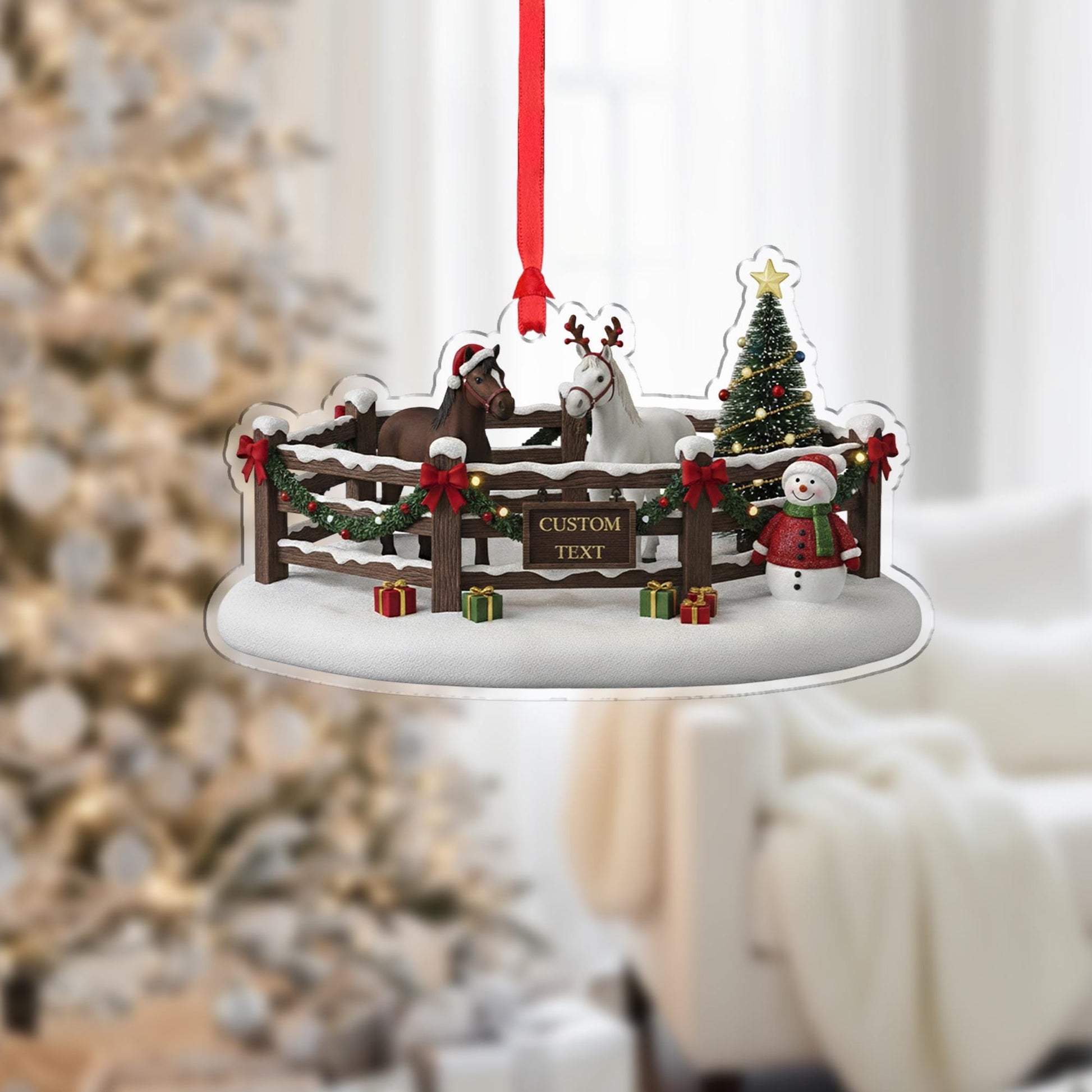 Personalized Horse Farm Christmas Ornament – Acrylic Hanging Decoration with Fence Snowman Tree Design