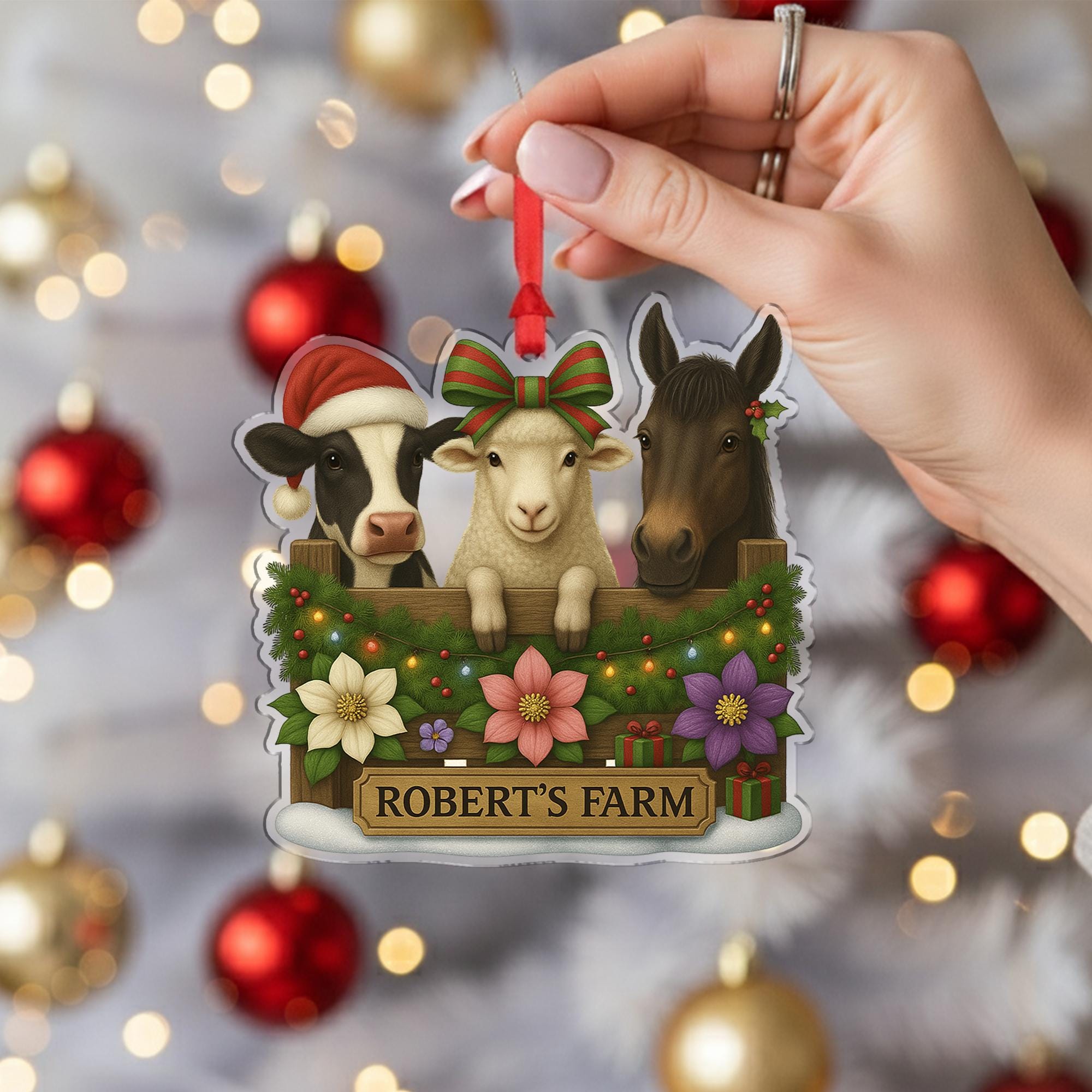 Personalized Farm Animal Christmas Ornament – Acrylic Hanging Decoration with Cow Sheep Horse Design