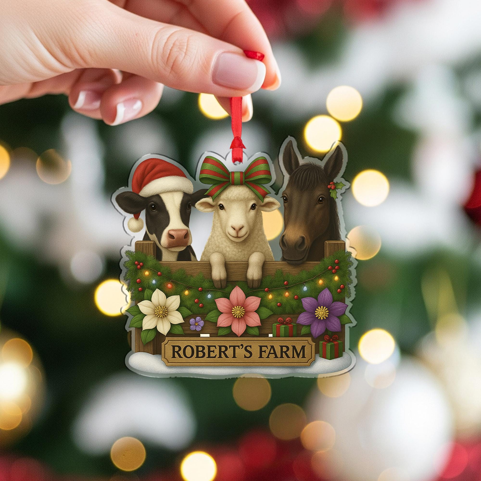 Personalized Farm Animal Christmas Ornament – Acrylic Hanging Decoration with Cow Sheep Horse Design