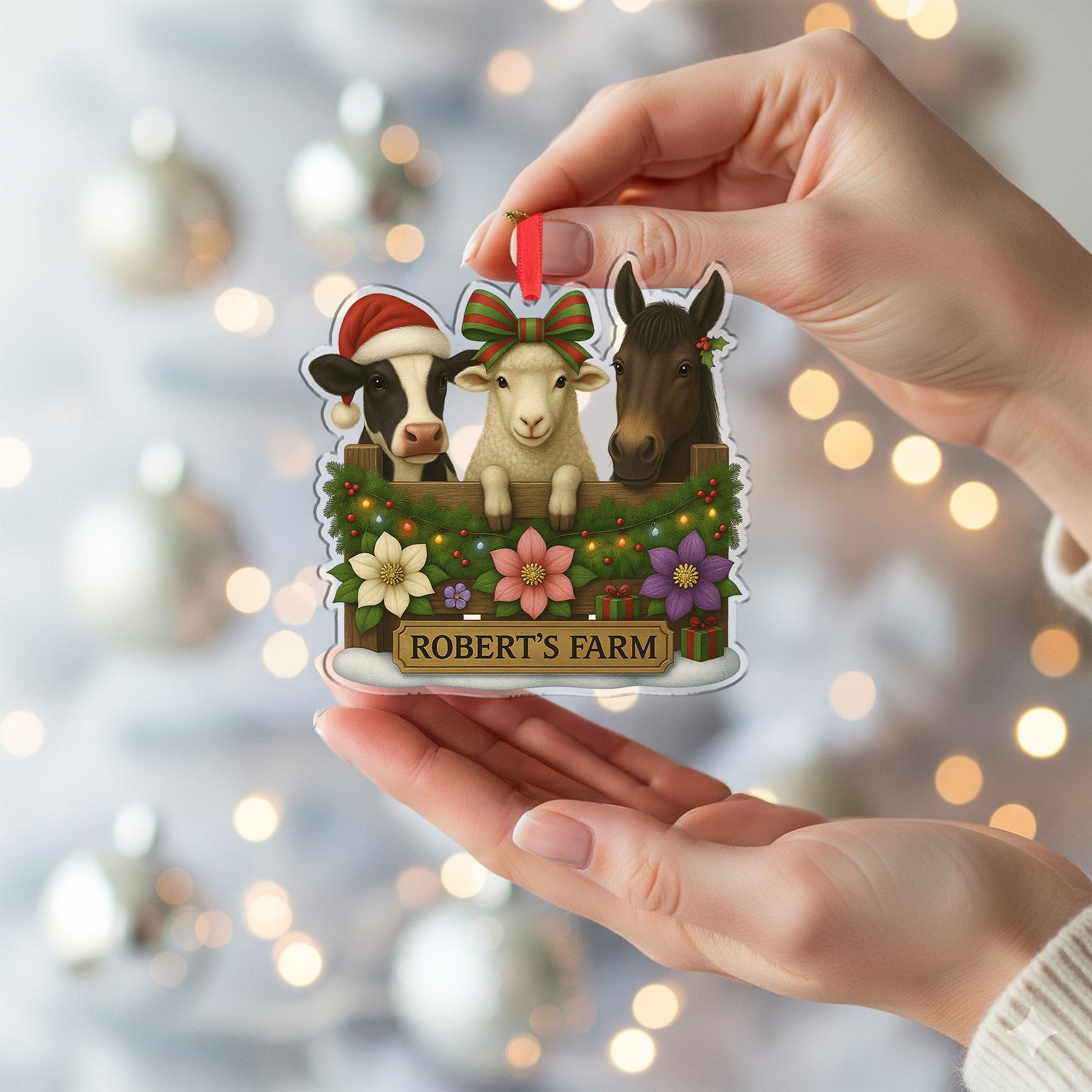 Personalized Farm Animal Christmas Ornament – Acrylic Hanging Decoration with Cow Sheep Horse Design