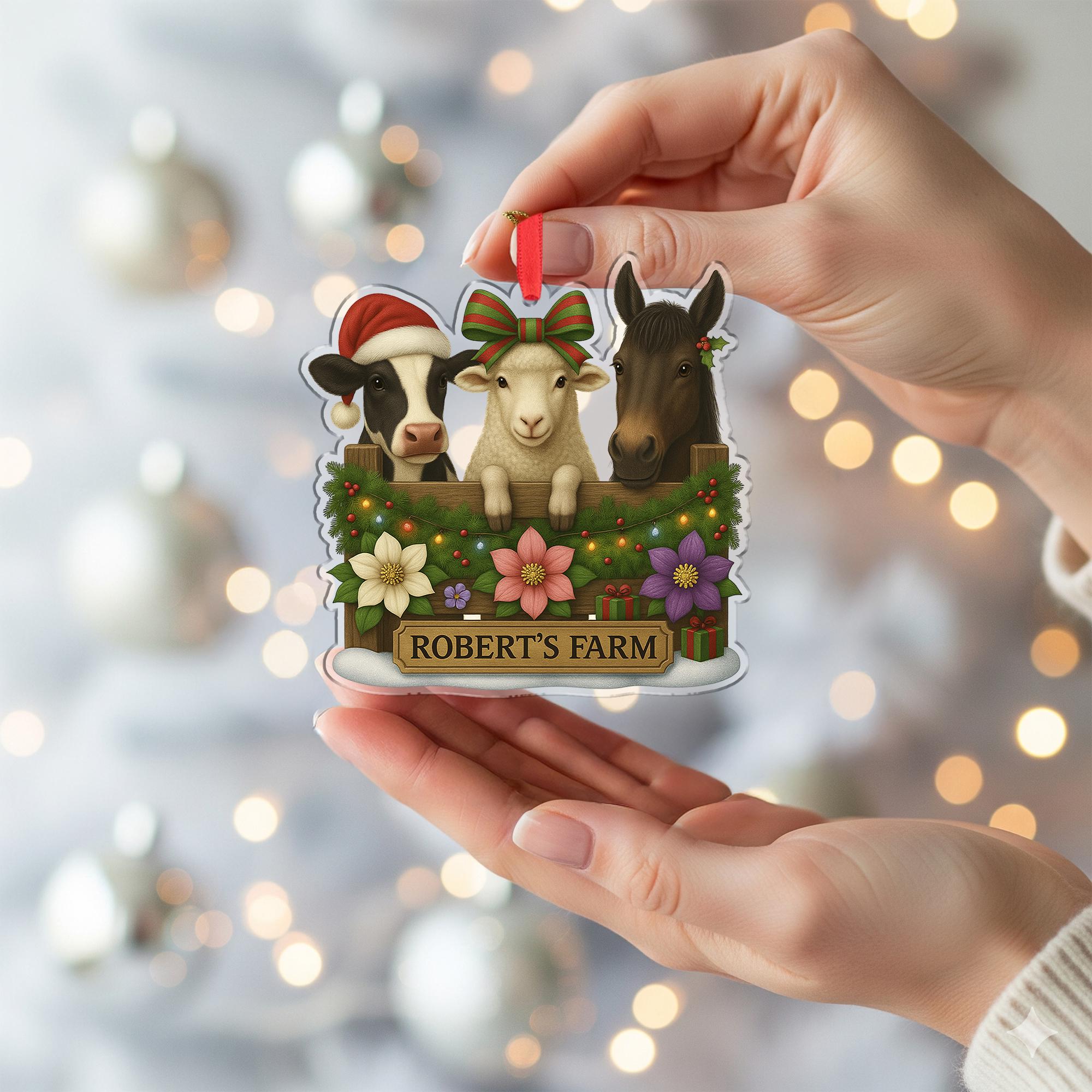 Personalized Farm Animal Christmas Ornament – Acrylic Hanging Decoration with Cow Sheep Horse Design