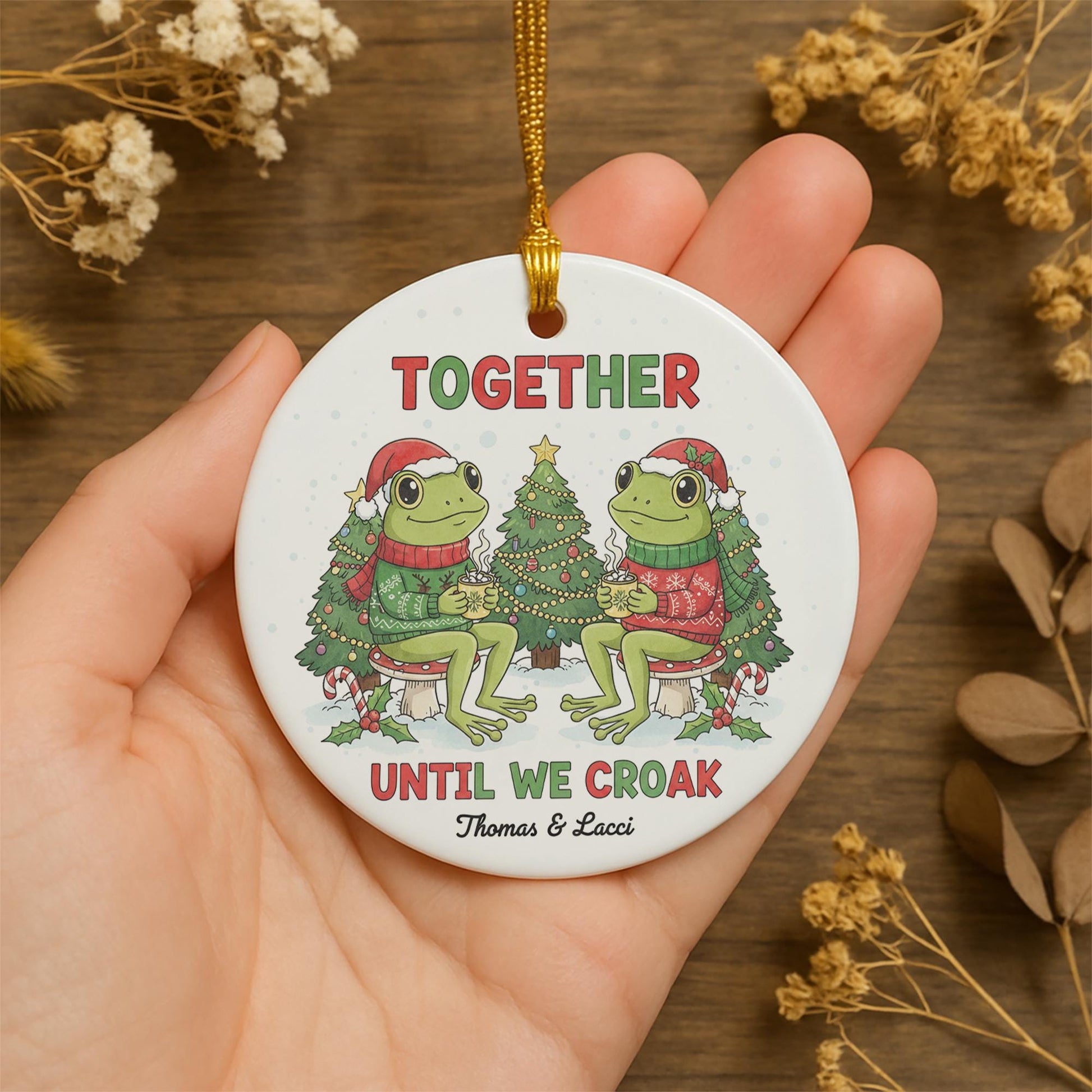 Personalized Ceramic Ornament: Frog Couple Christmas Design