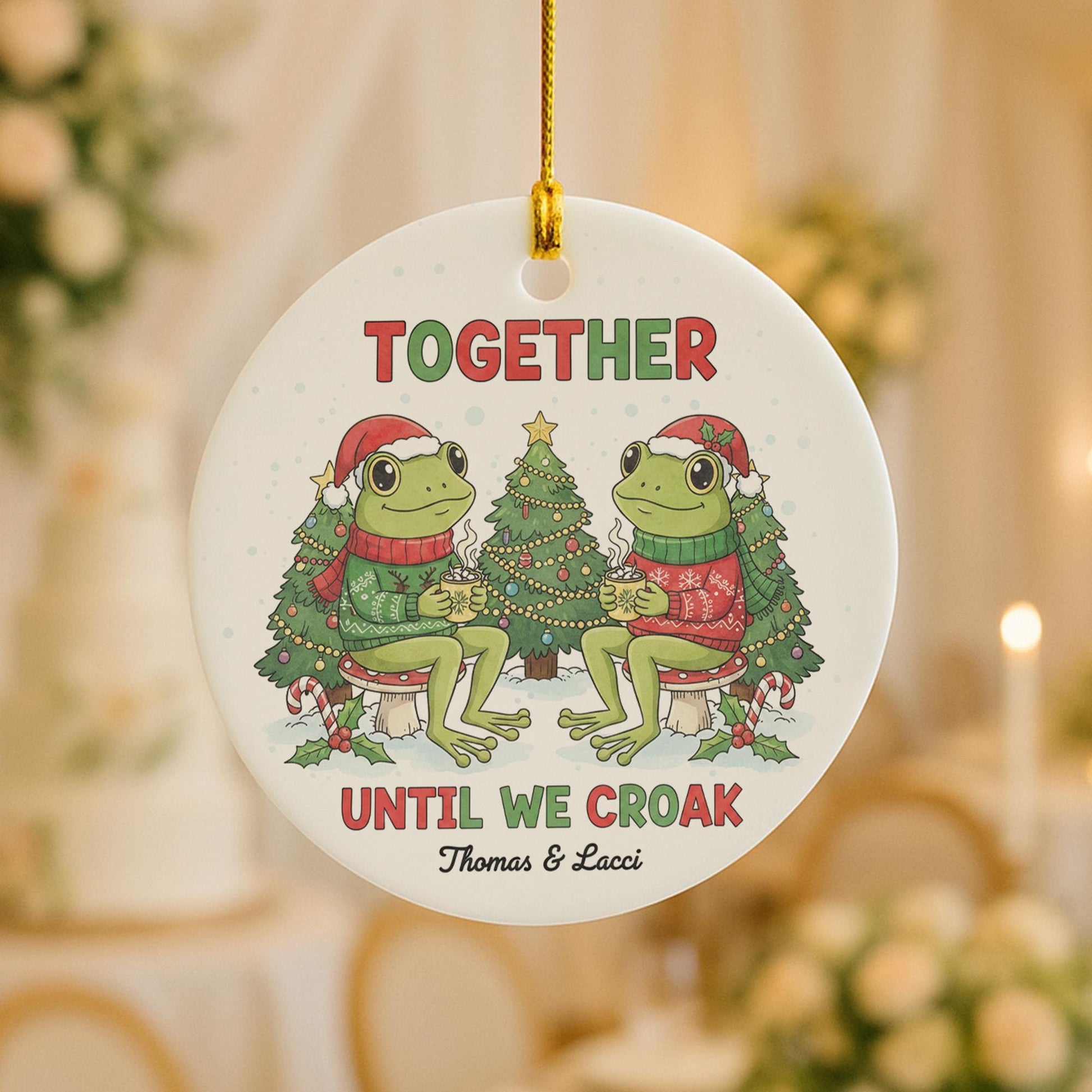 Personalized Ceramic Ornament: Frog Couple Christmas Design