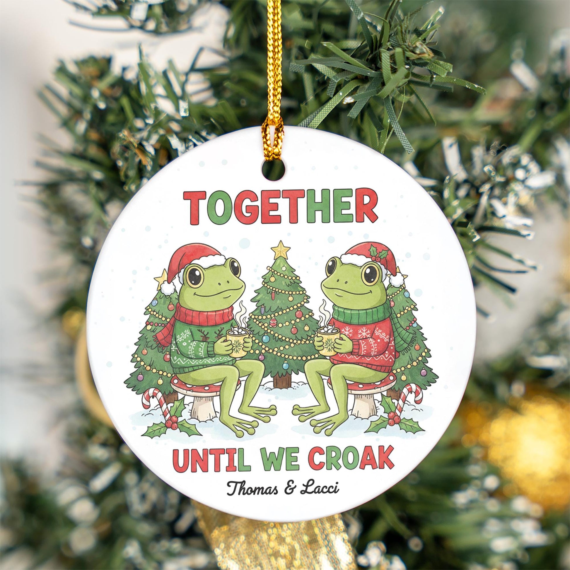 Personalized Ceramic Ornament: Frog Couple Christmas Design