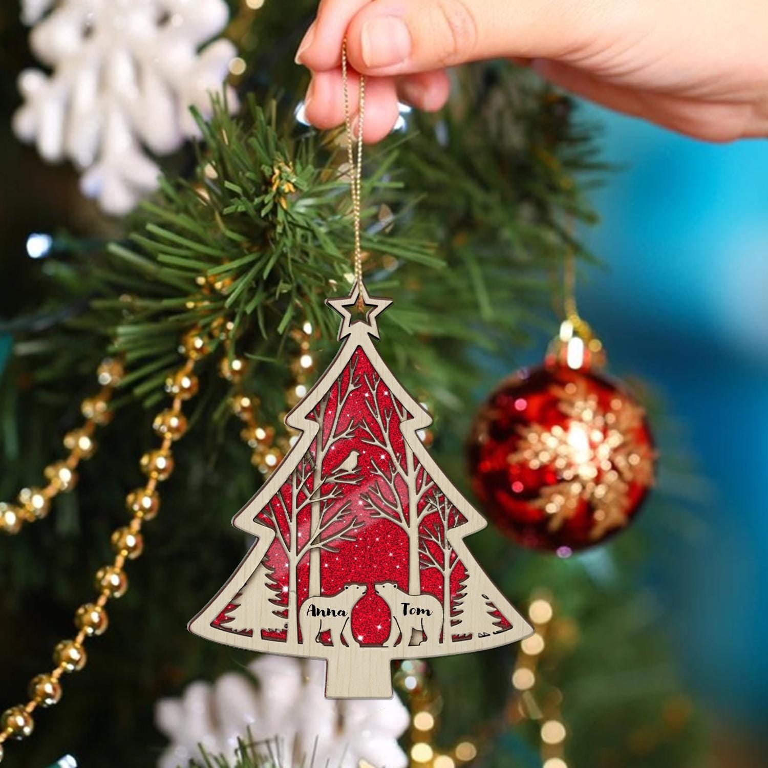 Personalized Bear Couple Christmas Ornament: Rustic Wooden Holiday Keepsake