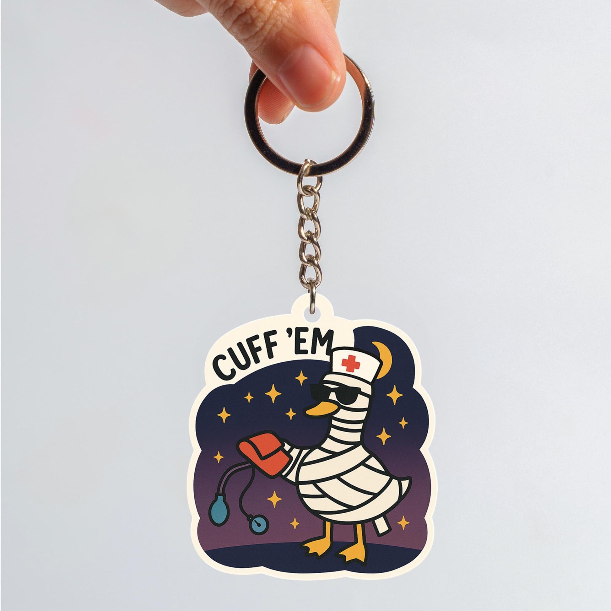 Funny Nurse Goose Keychain, Medical Cuff ’Em Keyring, Healthcare Gift, Nurse Appreciation, Cute Duck Charm, Doctor Bag Accessory