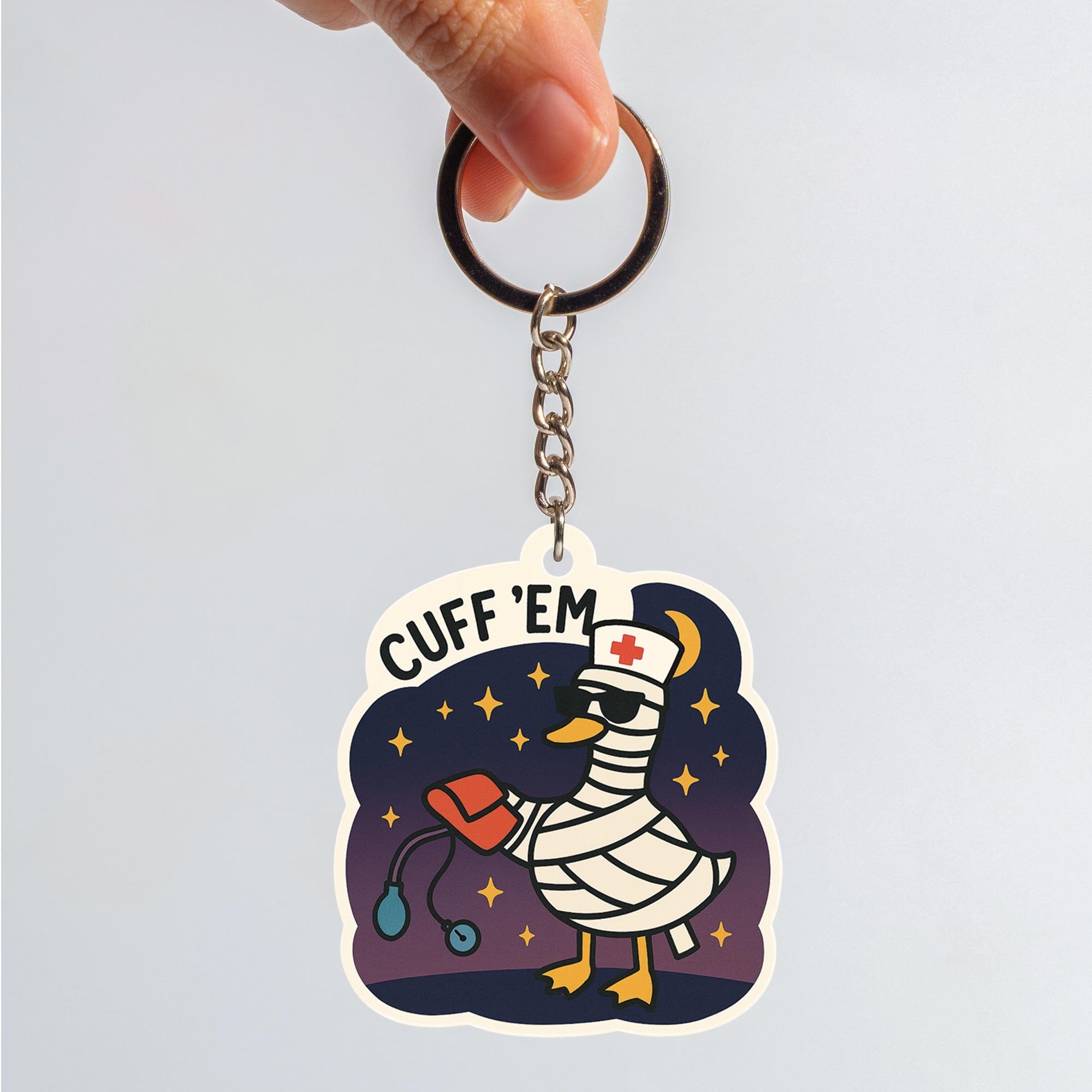 Funny Nurse Goose Keychain, Medical Cuff ’Em Keyring, Healthcare Gift, Nurse Appreciation, Cute Duck Charm, Doctor Bag Accessory