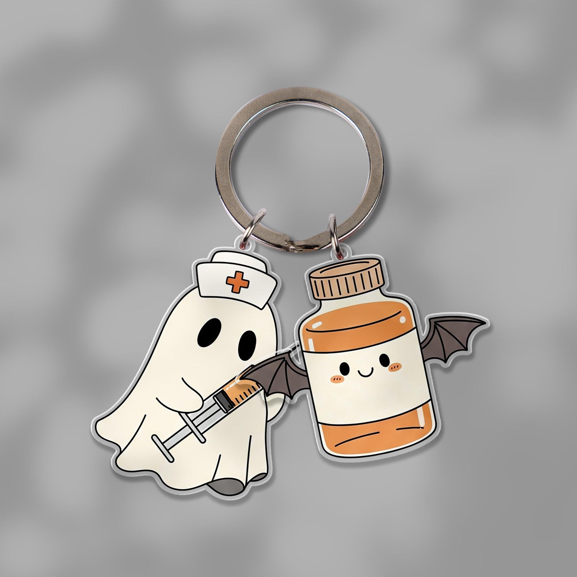 Halloween Ghost Nurse Keychain, Cute Bat Mummy Charm Keyring, Spooky Multi-Charm Accessory, Fall Gift for Nurses & Friends