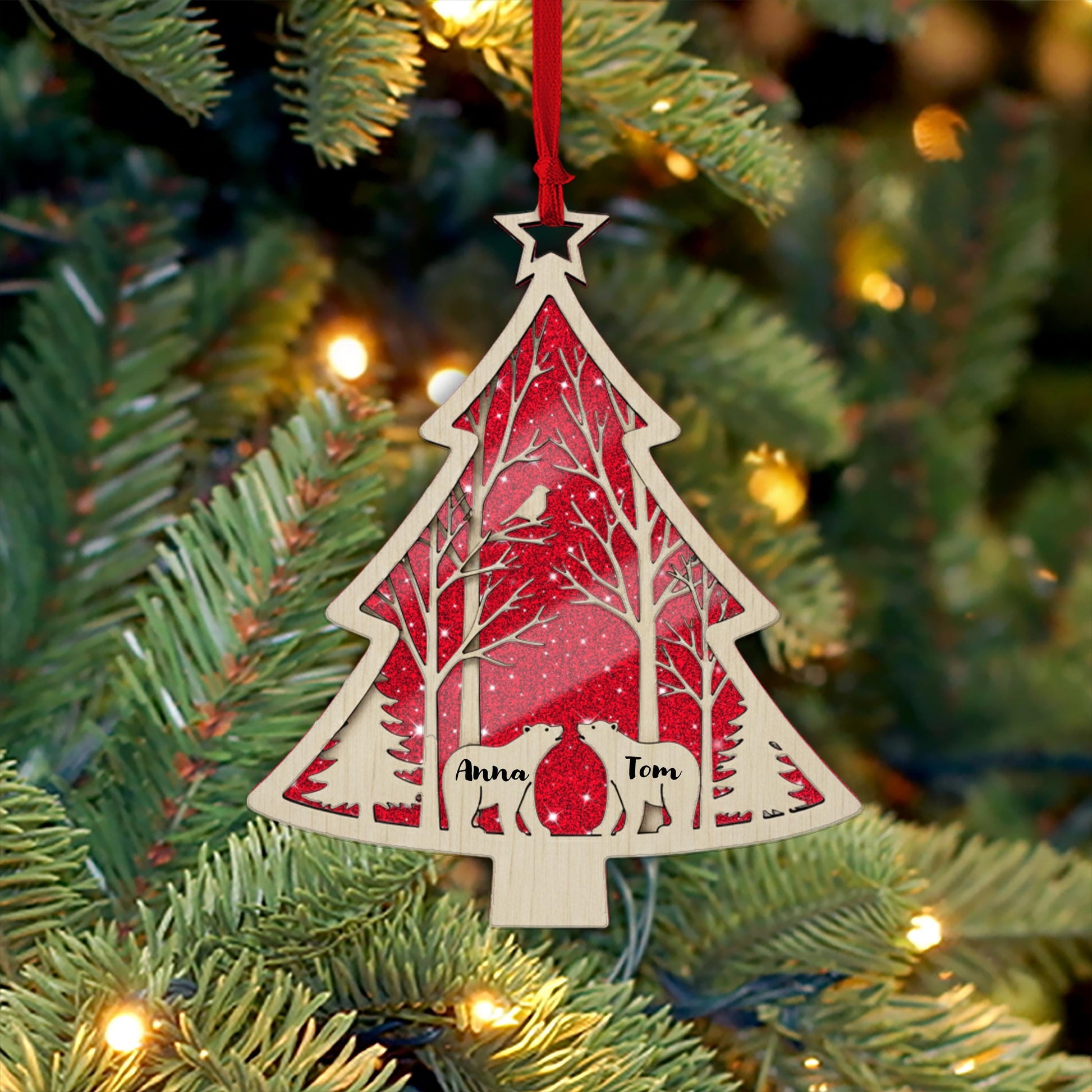 Personalized Bear Couple Christmas Ornament: Rustic Wooden Holiday Keepsake