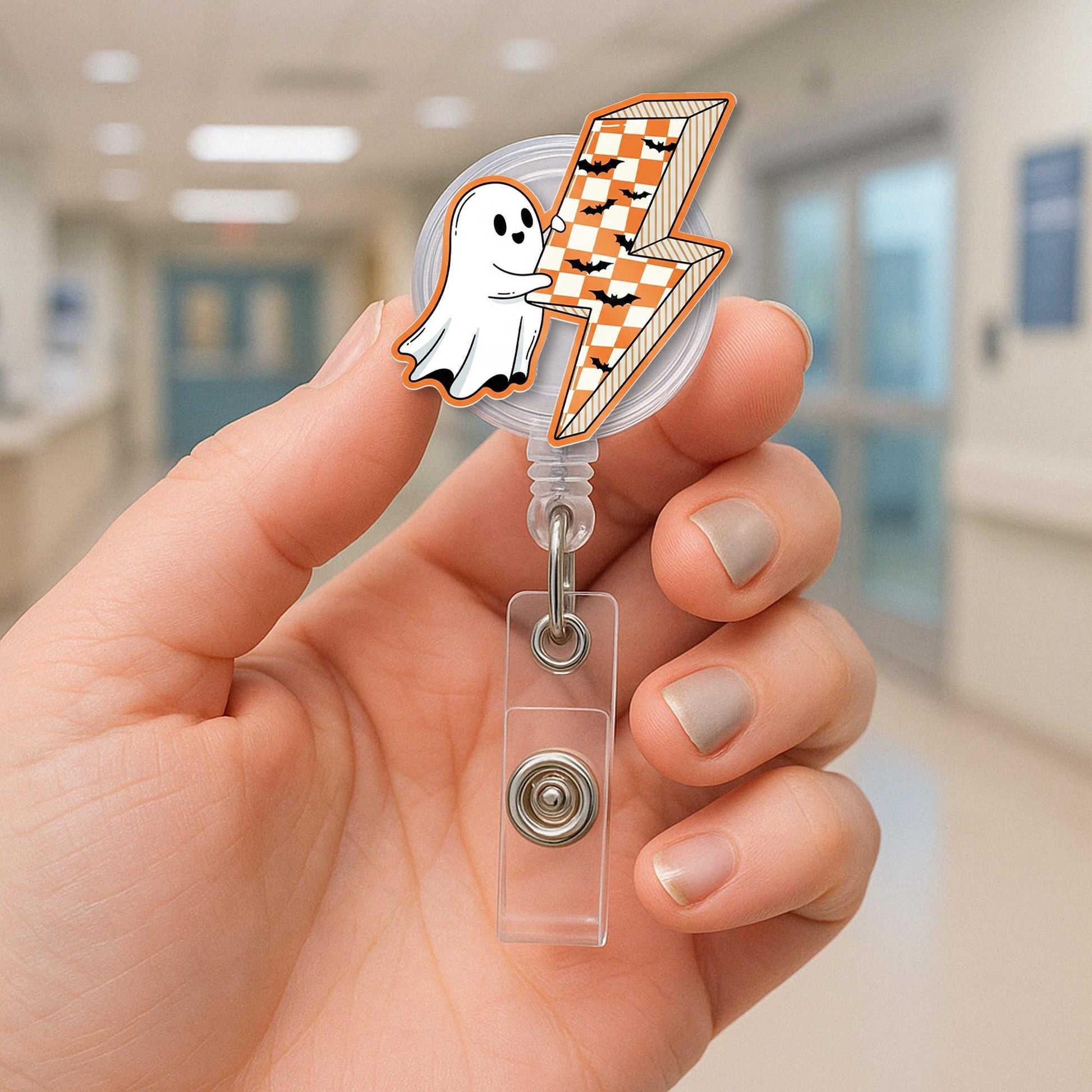 Halloween Ghost Badge Reel, Spooky Cute ID Holder, Nurse Badge Clip, Retractable Name Tag Reel, Lightning Bolt Work Accessory
