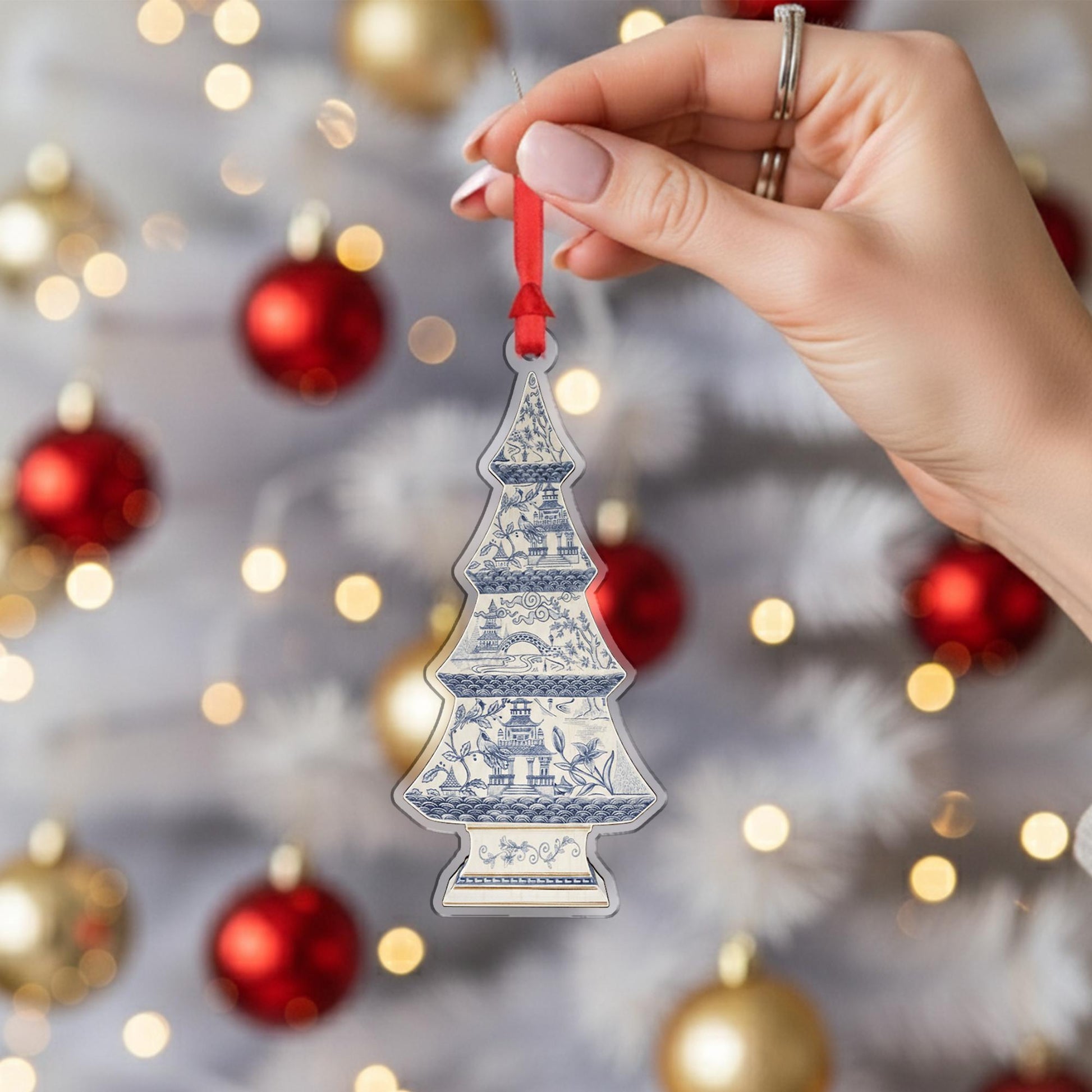 Blue and White Christmas Tree Ornament – Ceramic Chinoiserie Holiday Decoration
