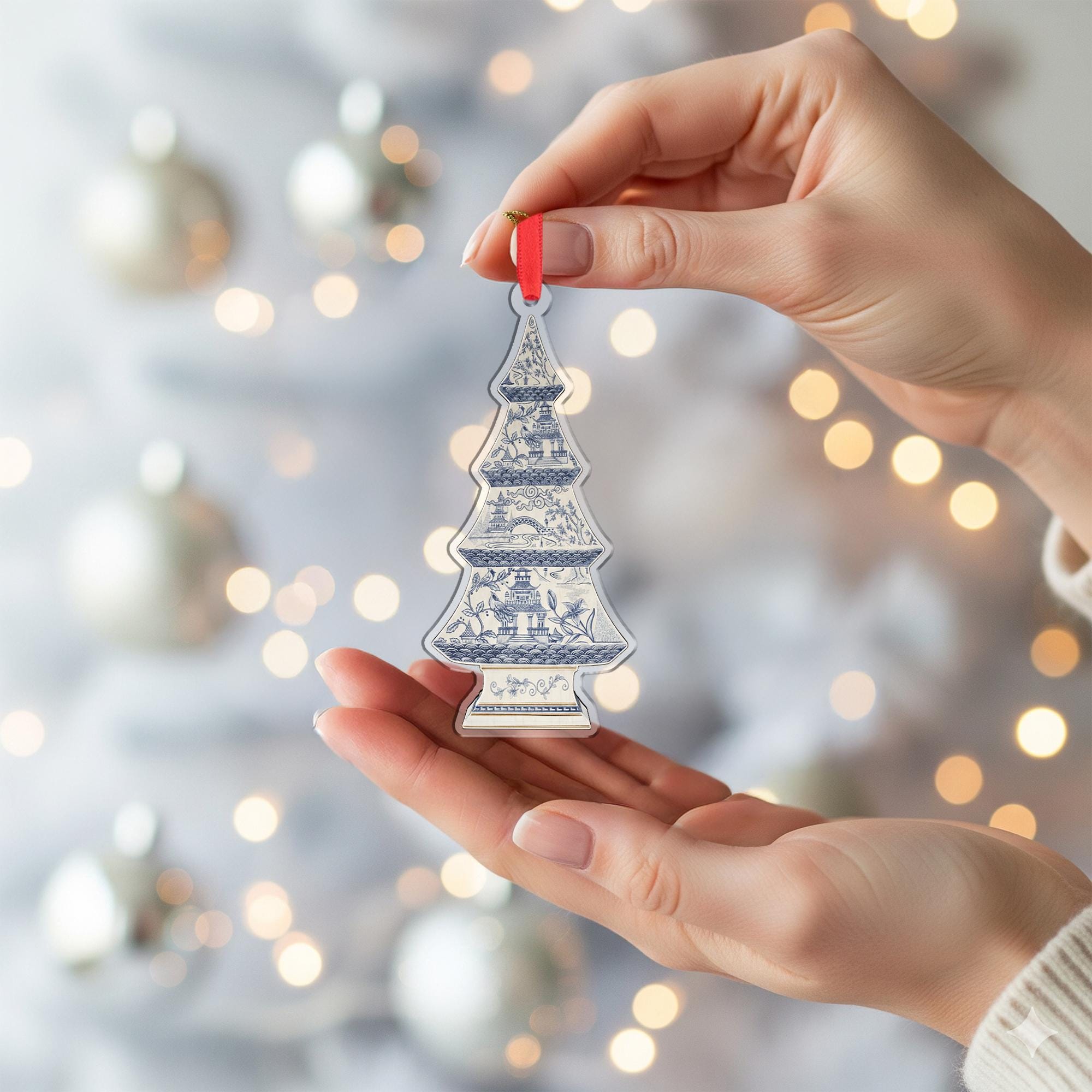 Blue and White Christmas Tree Ornament – Ceramic Chinoiserie Holiday Decoration