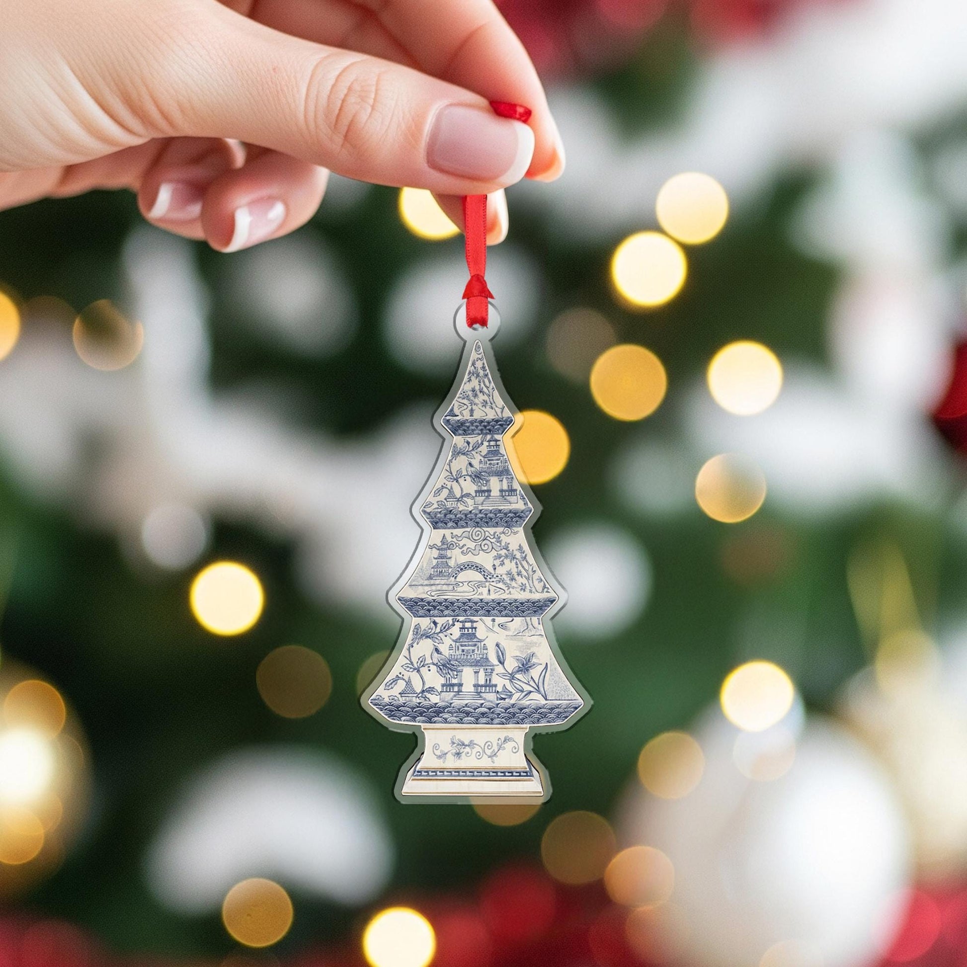 Blue and White Christmas Tree Ornament – Ceramic Chinoiserie Holiday Decoration