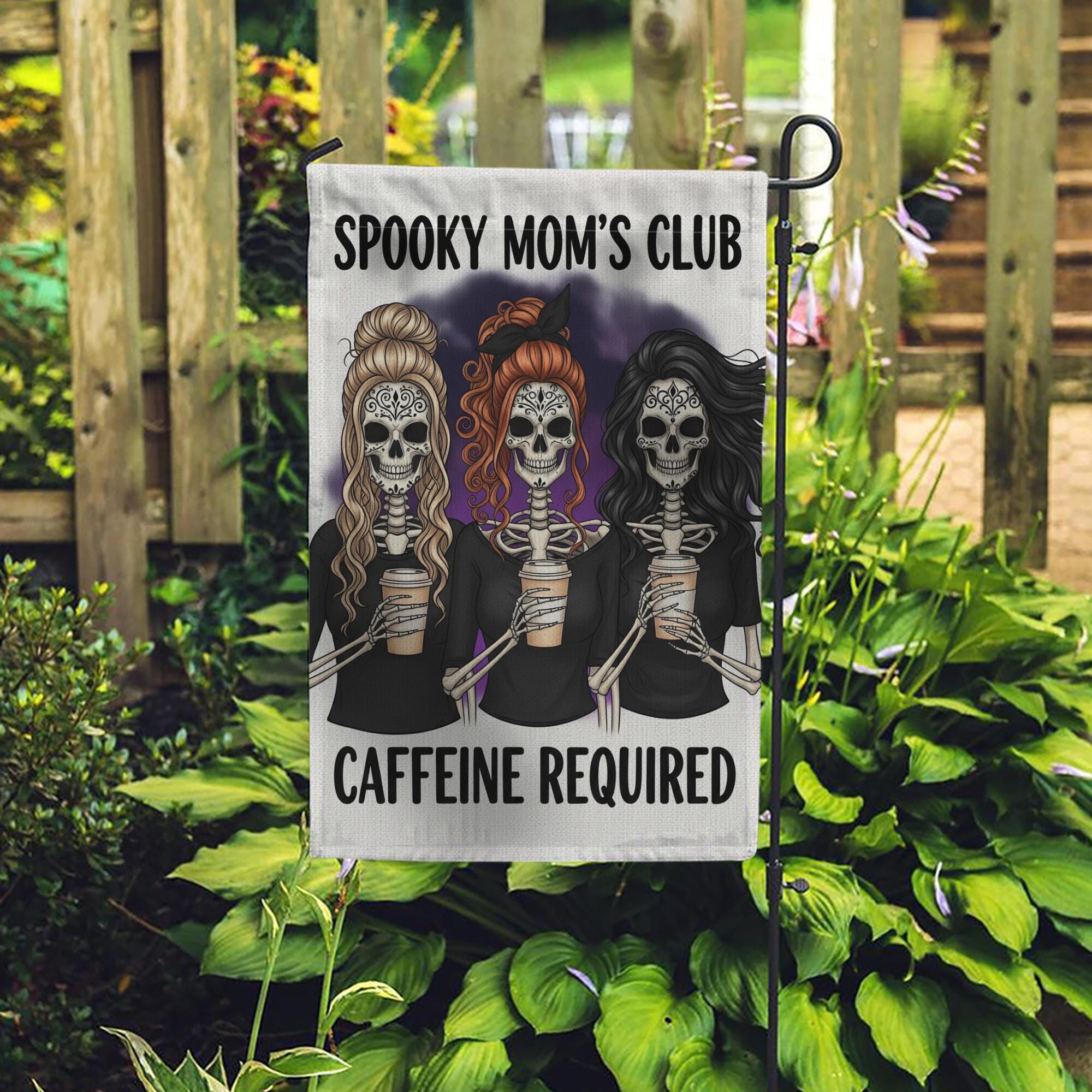Spooky Mom’s Club Garden Flag, Halloween Skeleton Mom Decor, Funny Caffeine Required Yard Sign, Fall Coffee Lover Outdoor Flag