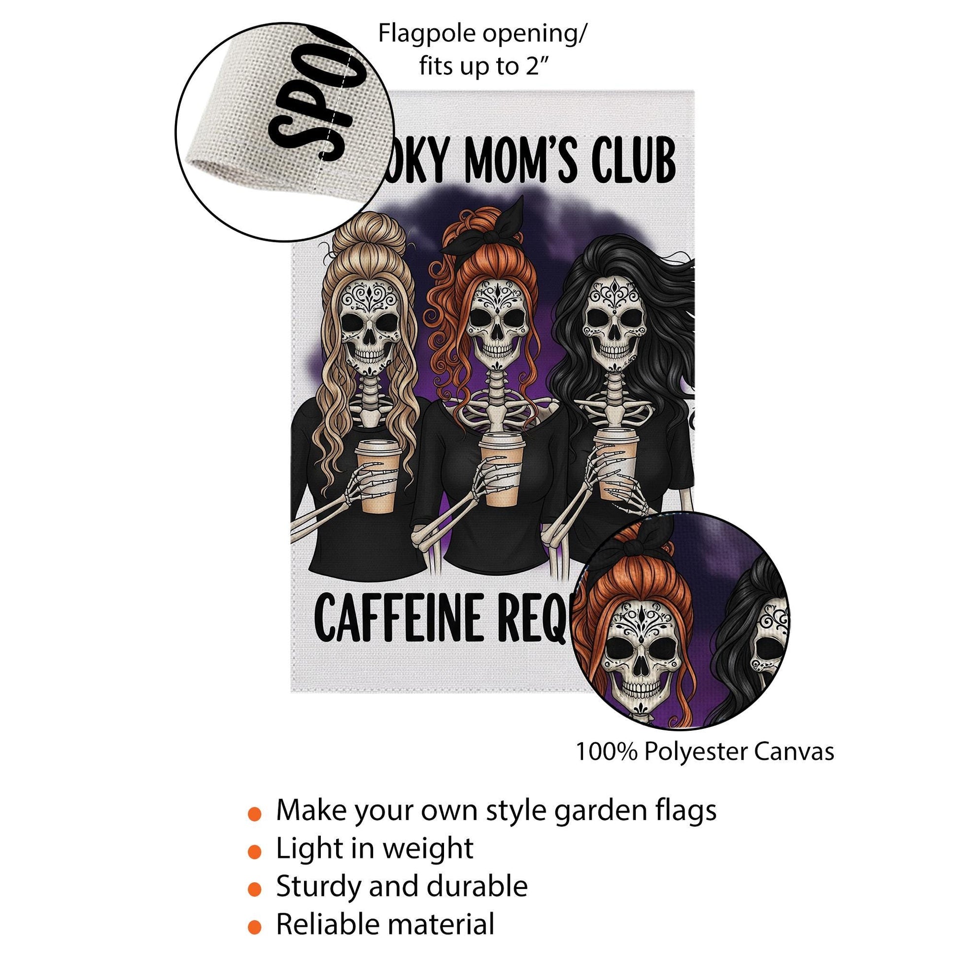 Spooky Mom’s Club Garden Flag, Halloween Skeleton Mom Decor, Funny Caffeine Required Yard Sign, Fall Coffee Lover Outdoor Flag