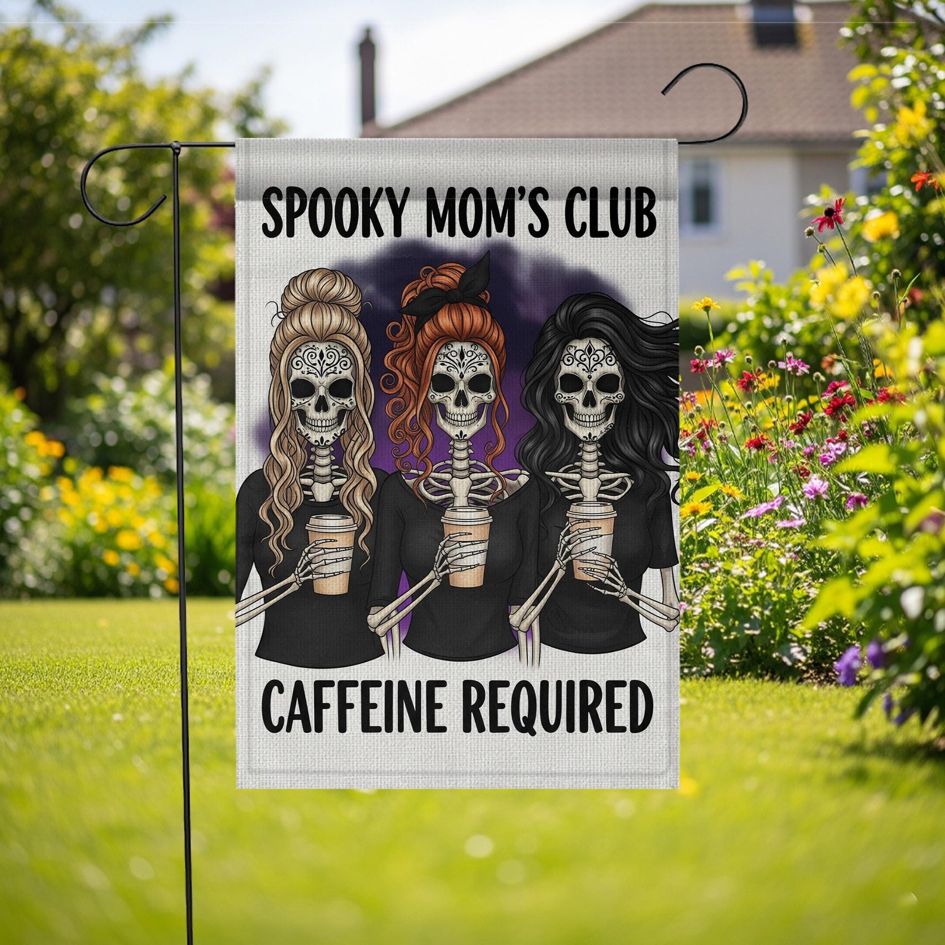 Spooky Mom’s Club Garden Flag, Halloween Skeleton Mom Decor, Funny Caffeine Required Yard Sign, Fall Coffee Lover Outdoor Flag