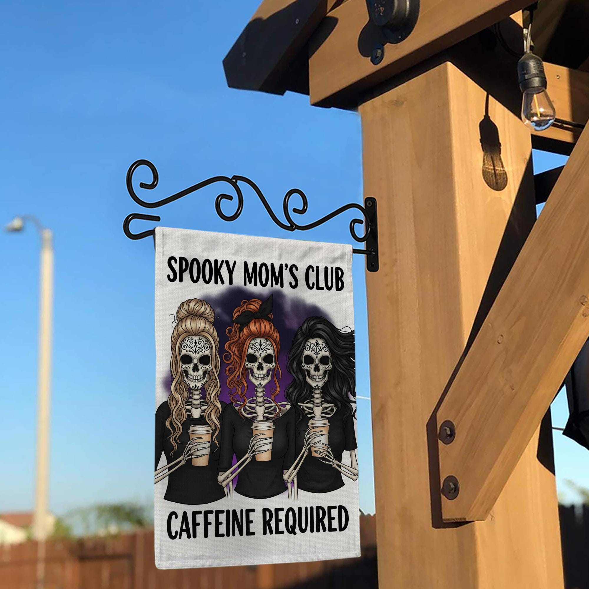 Spooky Mom’s Club Garden Flag, Halloween Skeleton Mom Decor, Funny Caffeine Required Yard Sign, Fall Coffee Lover Outdoor Flag