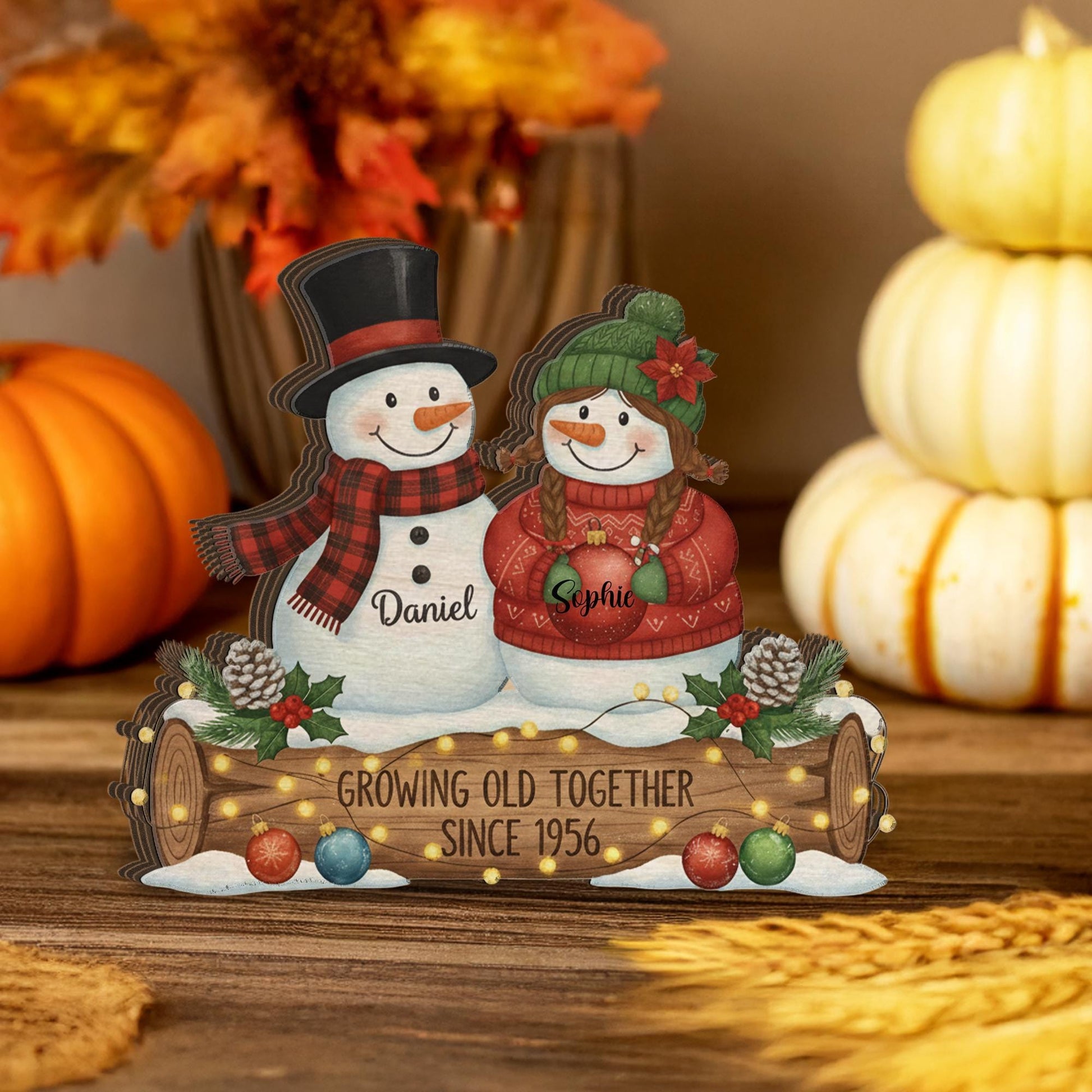 Growing Old Together Snowman Couple Wooden Block – Personalized Christmas Anniversary Decor