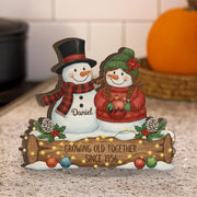 Growing Old Together Snowman Couple Wooden Block – Personalized Christmas Anniversary Decor