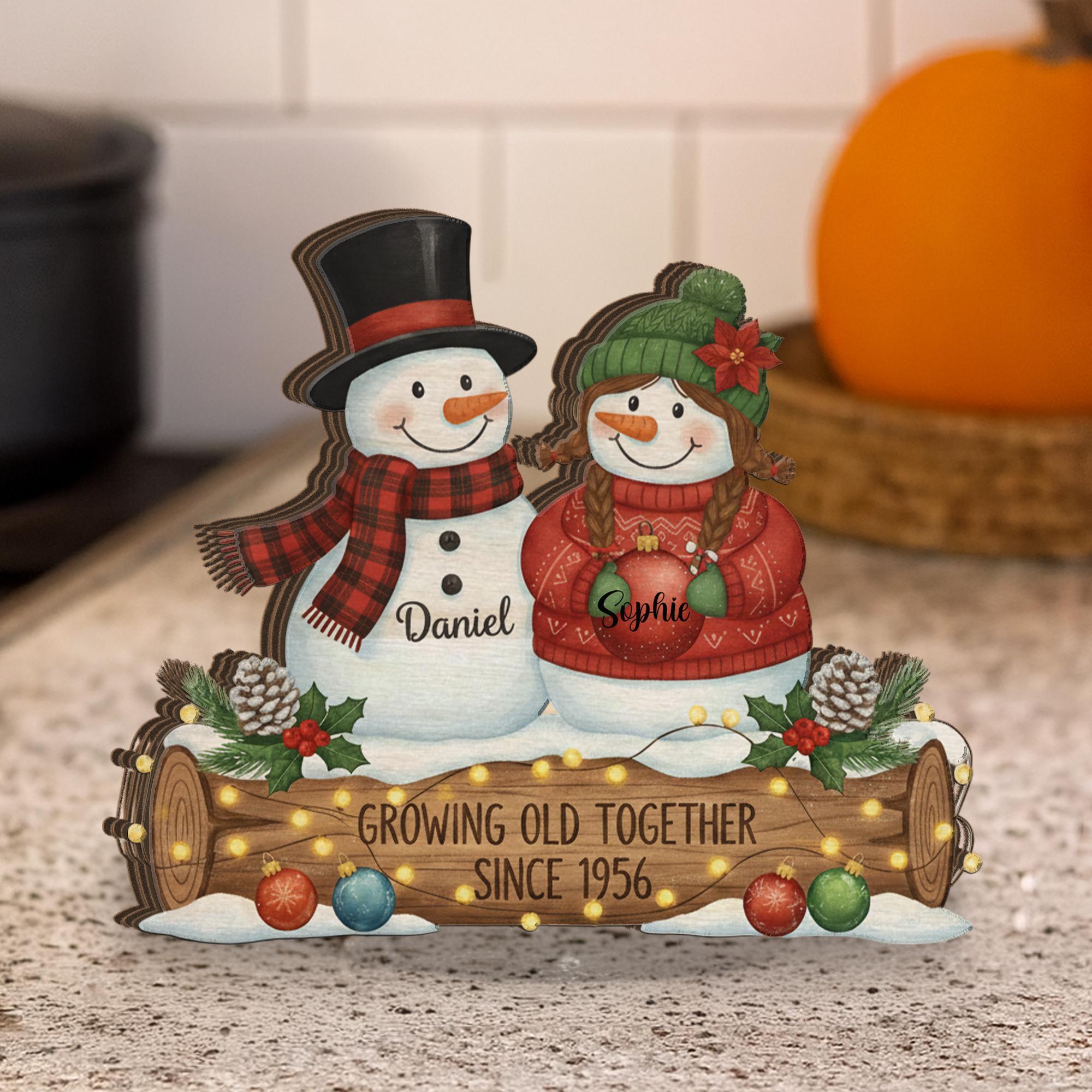 Growing Old Together Snowman Couple Wooden Block – Personalized Christmas Anniversary Decor