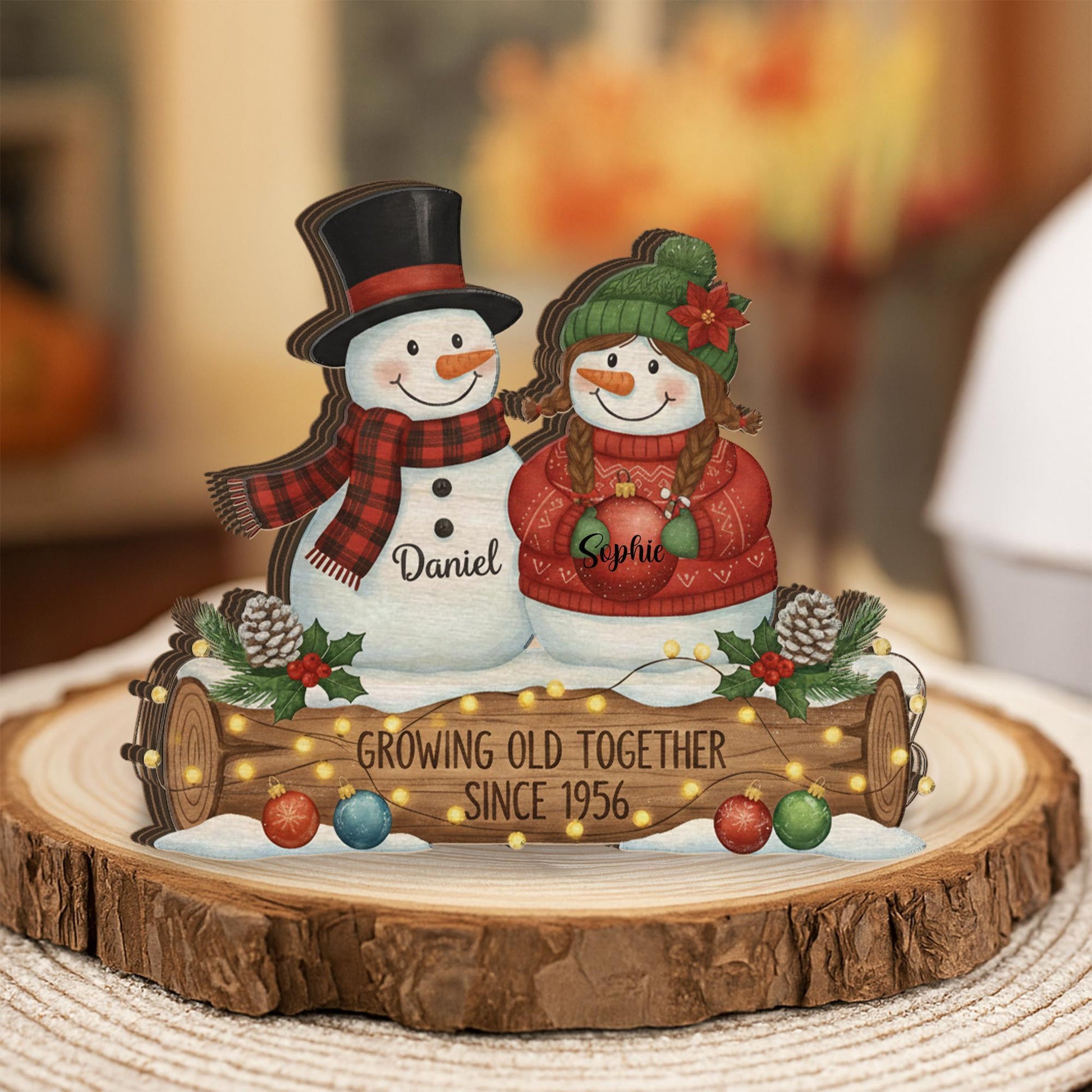 Growing Old Together Snowman Couple Wooden Block – Personalized Christmas Anniversary Decor