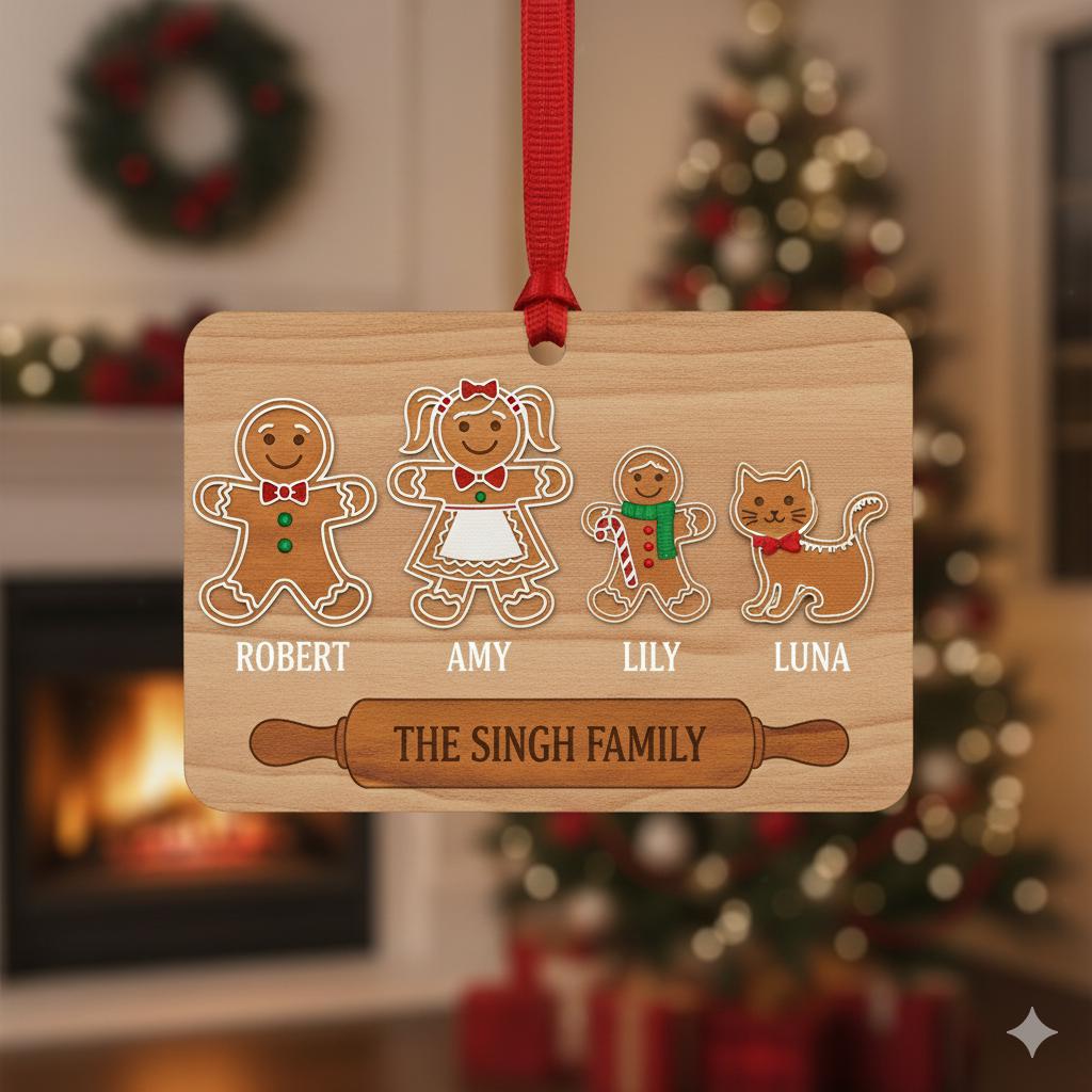 Gingerbread Family Wooden Ornament – Personalized Names & Pets Christmas Decoration